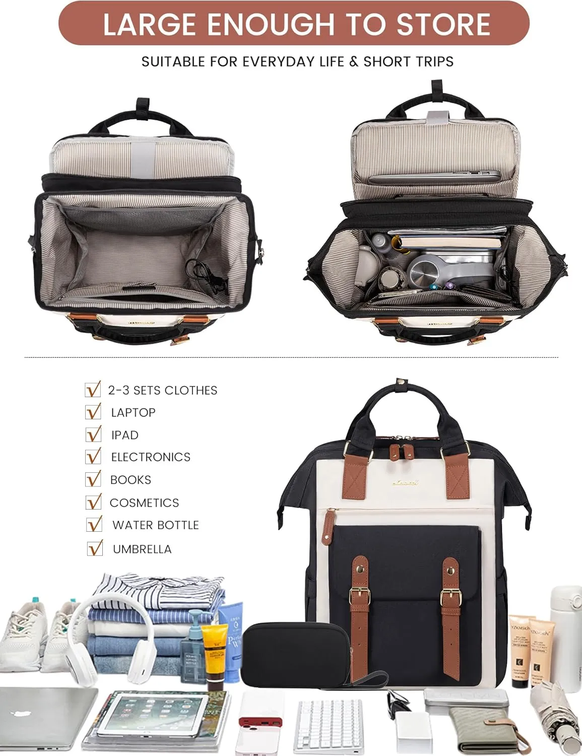 LOVEVOOK Laptop Backpack For Women, Travel Backpack With Laptop Compartment, Teacher Nurse Work Backpack Purse Laptop Bag, Waterproof Wide Open College Computer Back pack, 15.6 Inch, Black-Beige-Brown