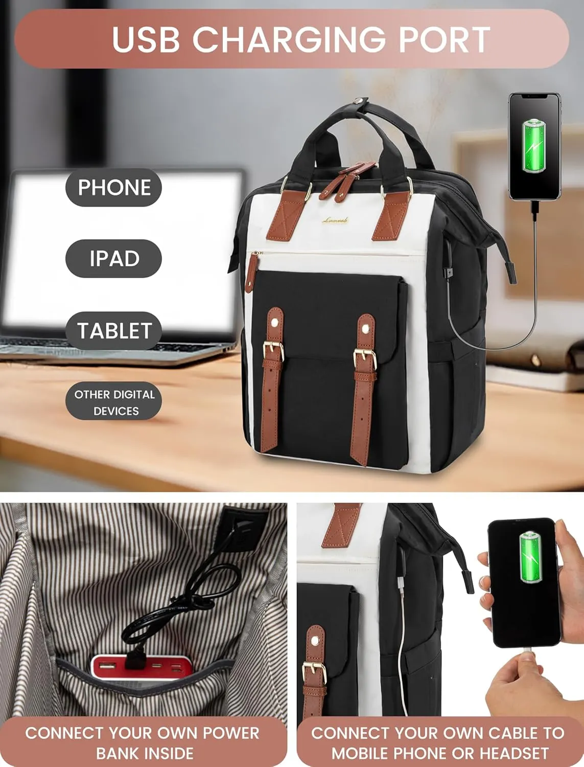 LOVEVOOK Laptop Backpack For Women, Travel Backpack With Laptop Compartment, Teacher Nurse Work Backpack Purse Laptop Bag, Waterproof Wide Open College Computer Back pack, 15.6 Inch, Black-Beige-Brown