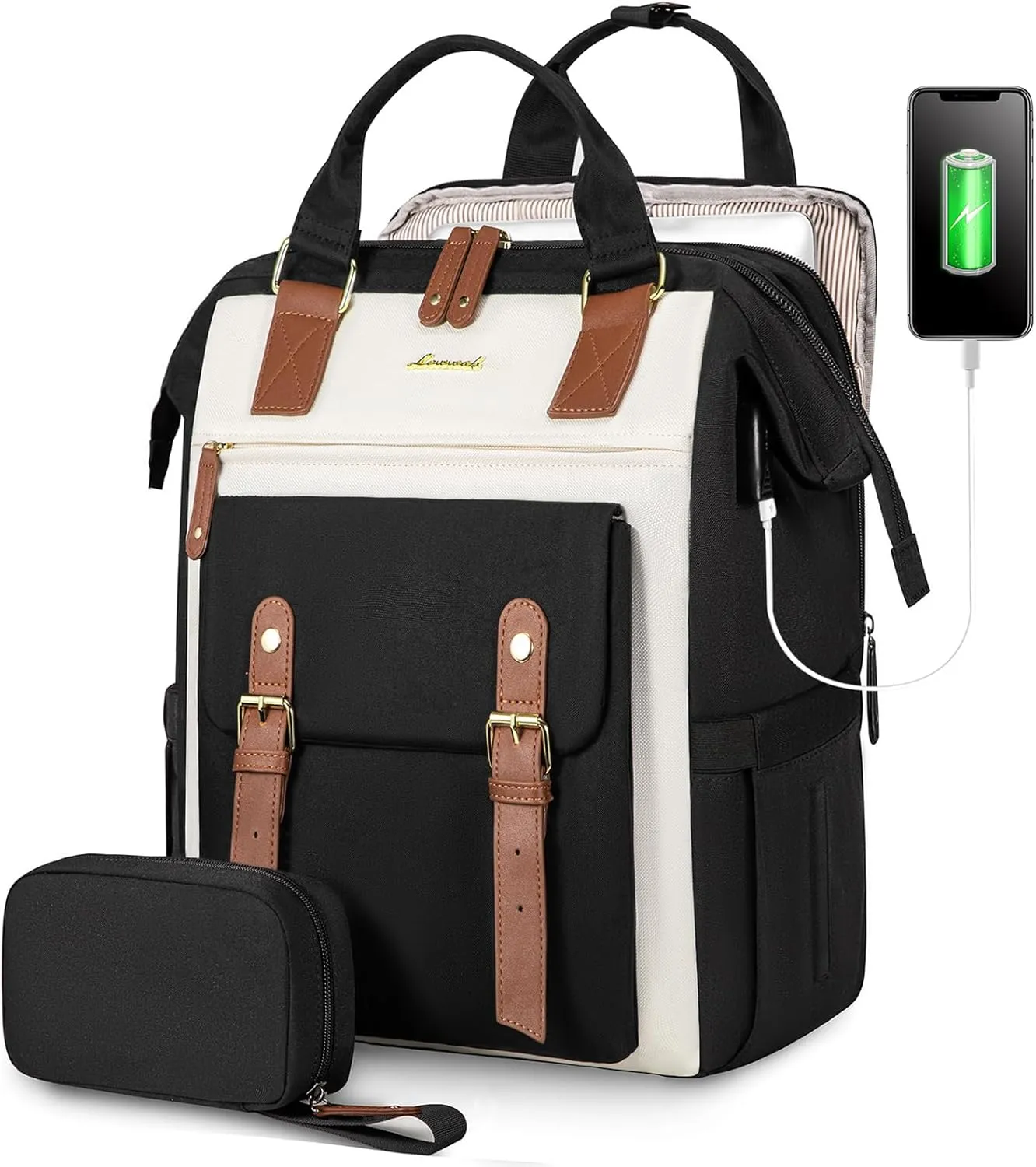 LOVEVOOK Laptop Backpack For Women, Travel Backpack With Laptop Compartment, Teacher Nurse Work Backpack Purse Laptop Bag, Waterproof Wide Open College Computer Back pack, 15.6 Inch, Black-Beige-Brown