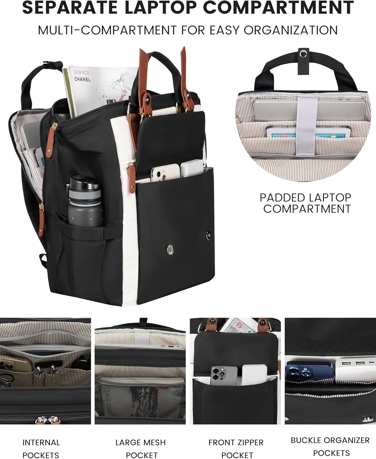 LOVEVOOK Laptop Backpack For Women, Travel Backpack With Laptop Compartment, Teacher Nurse Work Backpack Purse Laptop Bag, Waterproof Wide Open College Computer Back pack, 15.6 Inch, Black-Beige-Brown