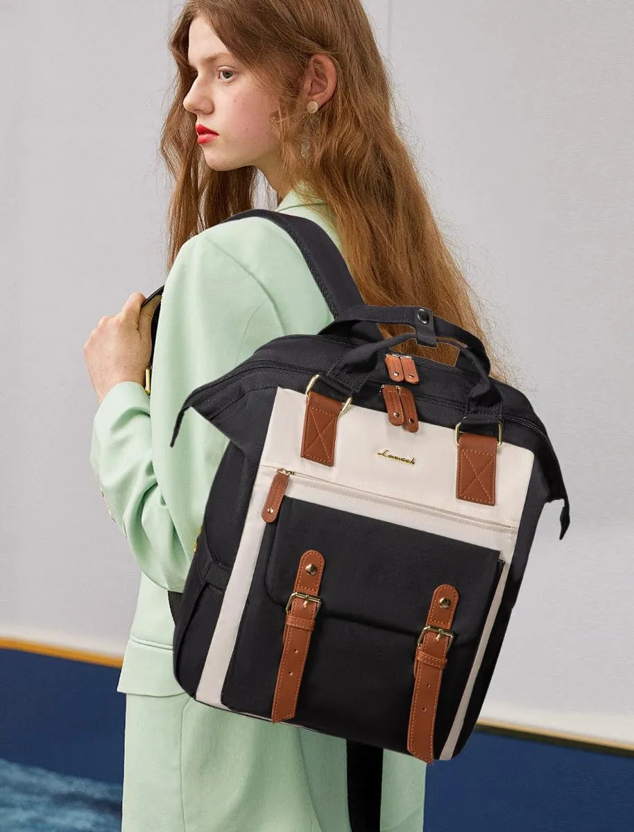 LOVEVOOK Laptop Backpack For Women, Travel Backpack With Laptop Compartment, Teacher Nurse Work Backpack Purse Laptop Bag, Waterproof Wide Open College Computer Back pack, 15.6 Inch, Black-Beige-Brown