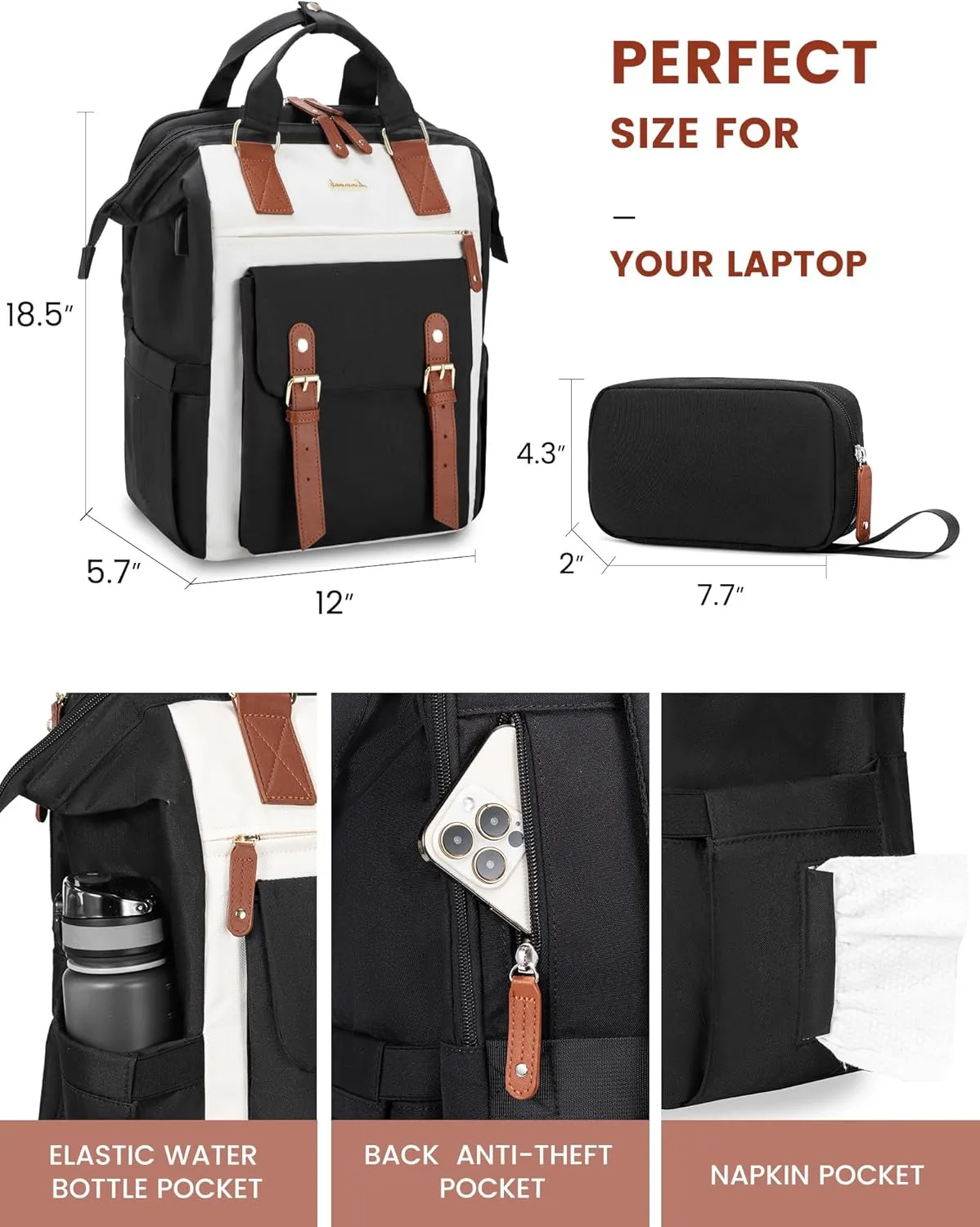 LOVEVOOK Laptop Backpack For Women, Travel Backpack With Laptop Compartment, Teacher Nurse Work Backpack Purse Laptop Bag, Waterproof Wide Open College Computer Back pack, 15.6 Inch, Black-Beige-Brown