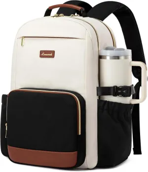 LOVEVOOK Laptop Backpack for Women with Pouch Pocket for Large Capacity Cup,17 Inch Laptop Computer Bag Travel Backpack Purse,Waterproof Work Business Backpack College Teacher Bags,Beige-Black-Brown