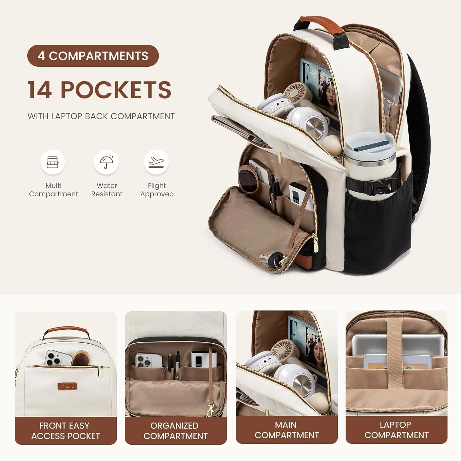 LOVEVOOK Laptop Backpack for Women with Pouch Pocket for Large Capacity Cup,17 Inch Laptop Computer Bag Travel Backpack Purse,Waterproof Work Business Backpack College Teacher Bags,Beige-Black-Brown