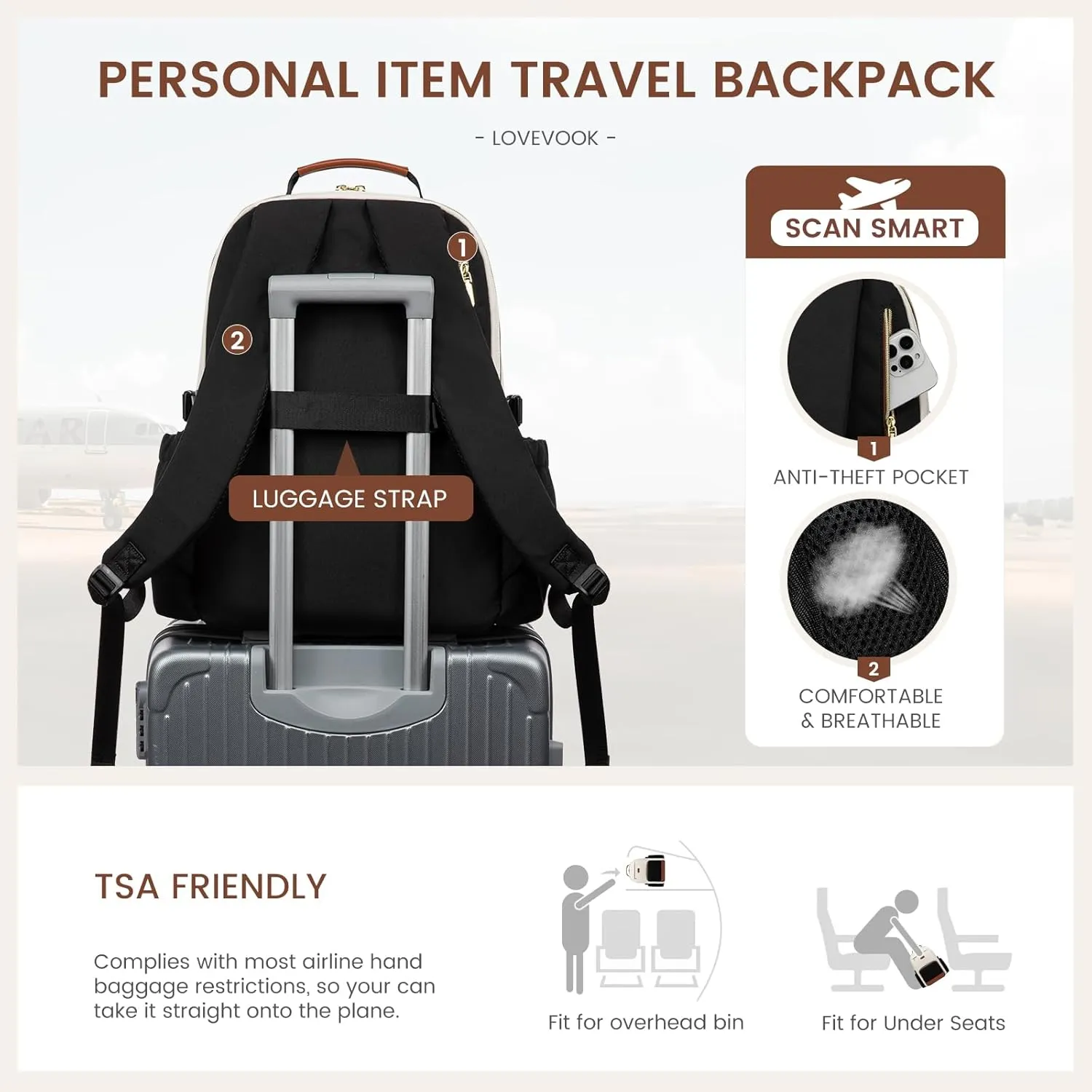 LOVEVOOK Laptop Backpack for Women with Pouch Pocket for Large Capacity Cup,17 Inch Laptop Computer Bag Travel Backpack Purse,Waterproof Work Business Backpack College Teacher Bags,Beige-Black-Brown