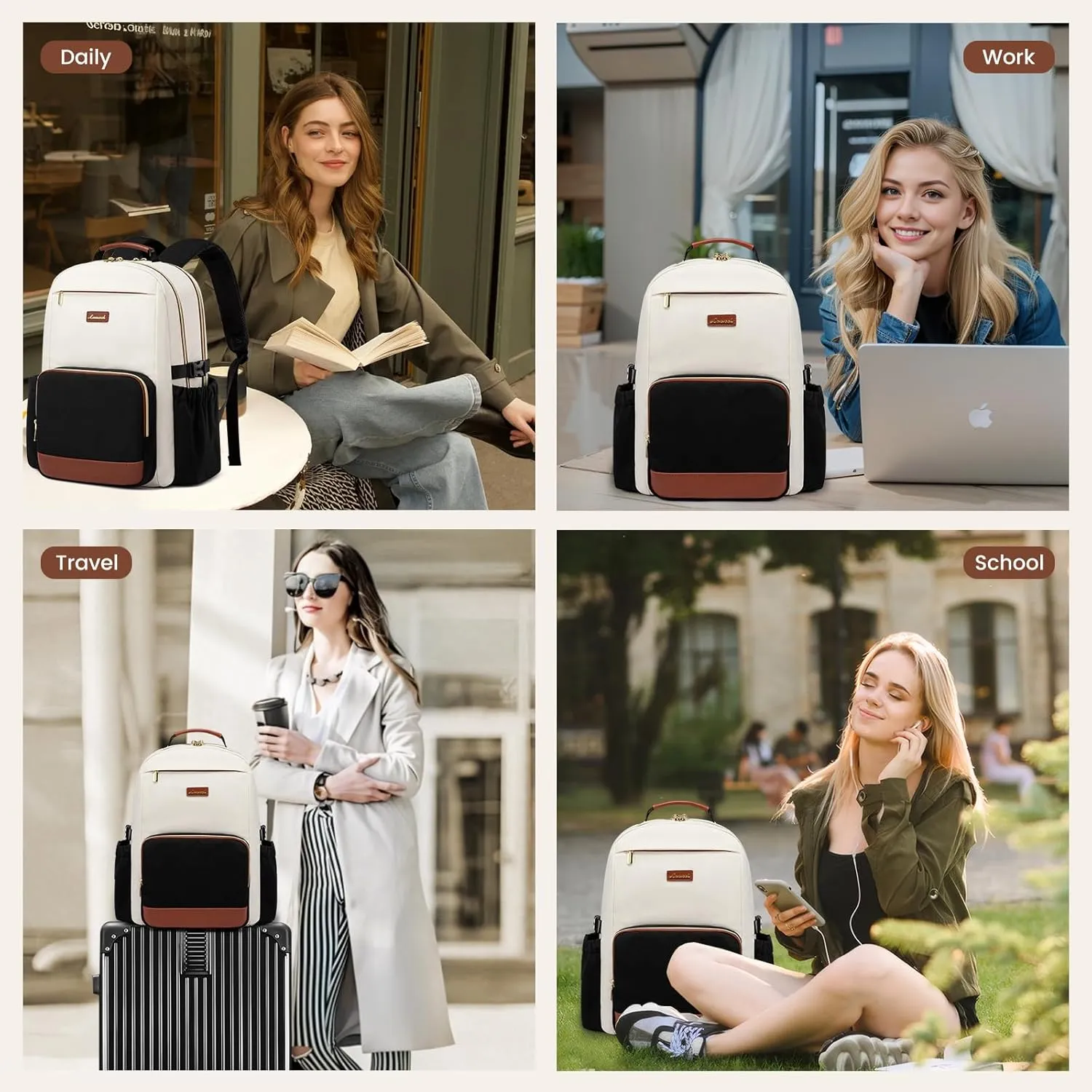 LOVEVOOK Laptop Backpack for Women with Pouch Pocket for Large Capacity Cup,17 Inch Laptop Computer Bag Travel Backpack Purse,Waterproof Work Business Backpack College Teacher Bags,Beige-Black-Brown