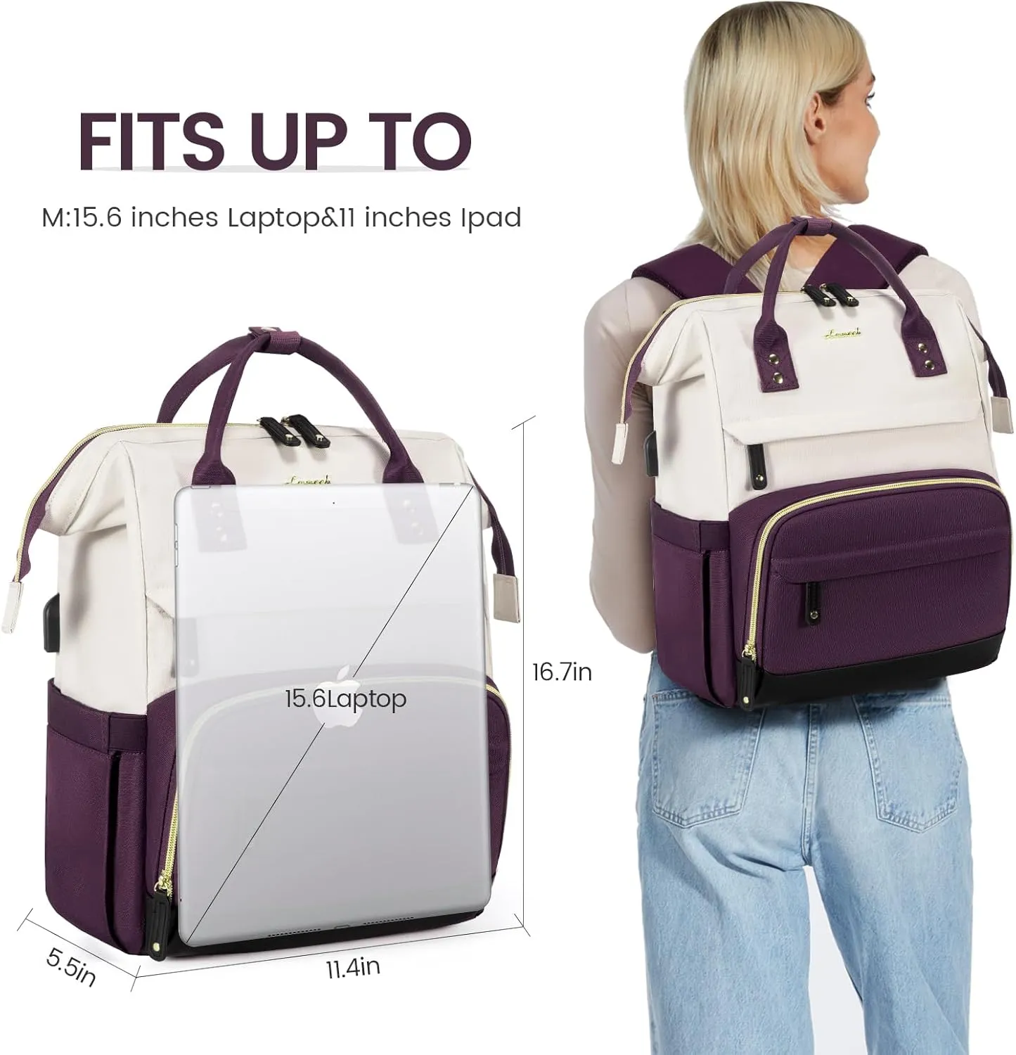 LOVEVOOK Laptop Backpack Purse for Women Men, Nurse Work Business Travel Backpack Bag, Wide Open Backpack, Lightweight Water Resistent Daypack with USB Charging Port, 15.6 inch, Beige-Purple-Black