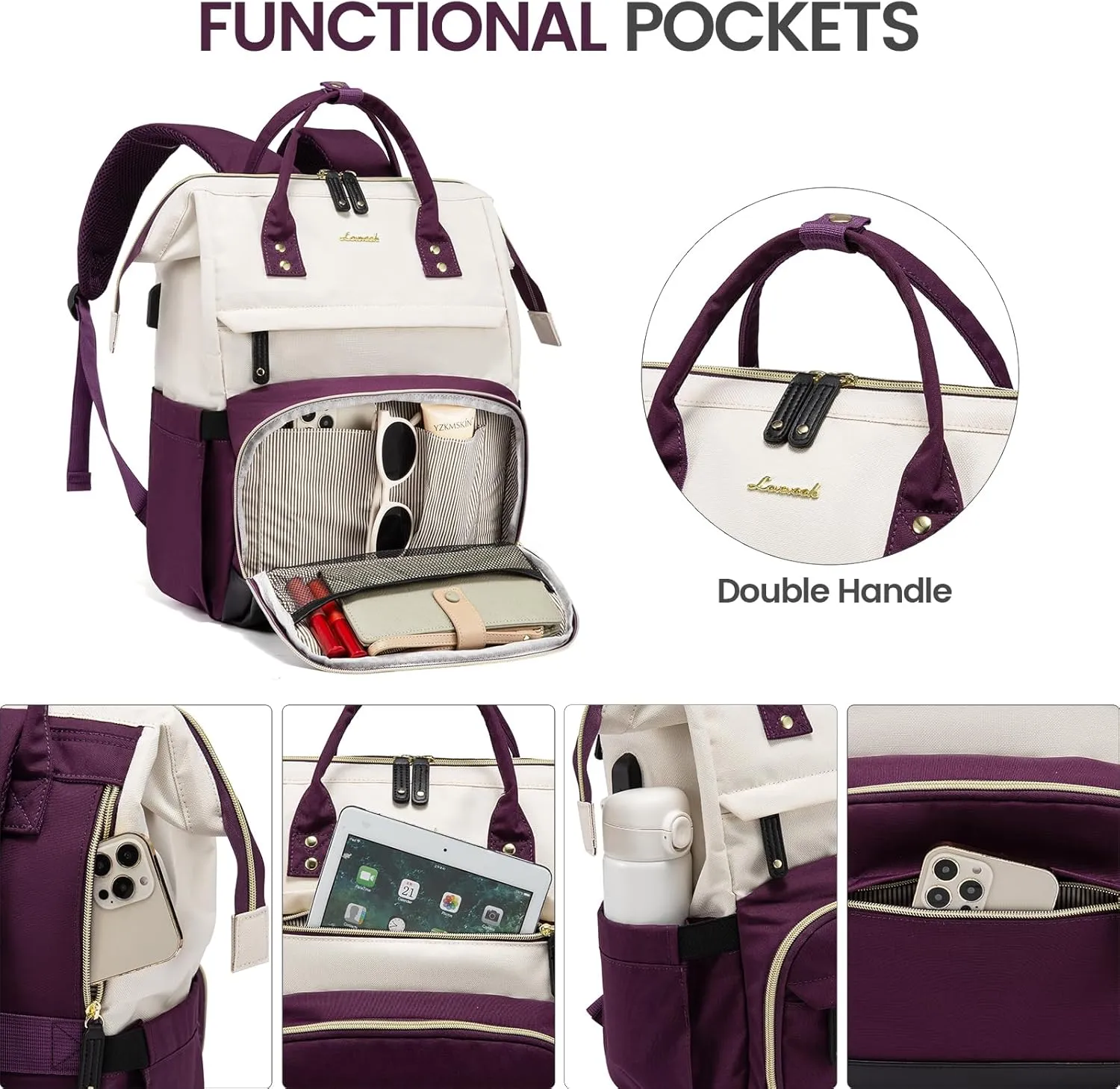 LOVEVOOK Laptop Backpack Purse for Women Men, Nurse Work Business Travel Backpack Bag, Wide Open Backpack, Lightweight Water Resistent Daypack with USB Charging Port, 15.6 inch, Beige-Purple-Black