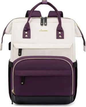 LOVEVOOK Laptop Backpack Purse for Women Men, Nurse Work Business Travel Backpack Bag, Wide Open Backpack, Lightweight Water Resistent Daypack with USB Charging Port, 15.6 inch, Beige-Purple-Black