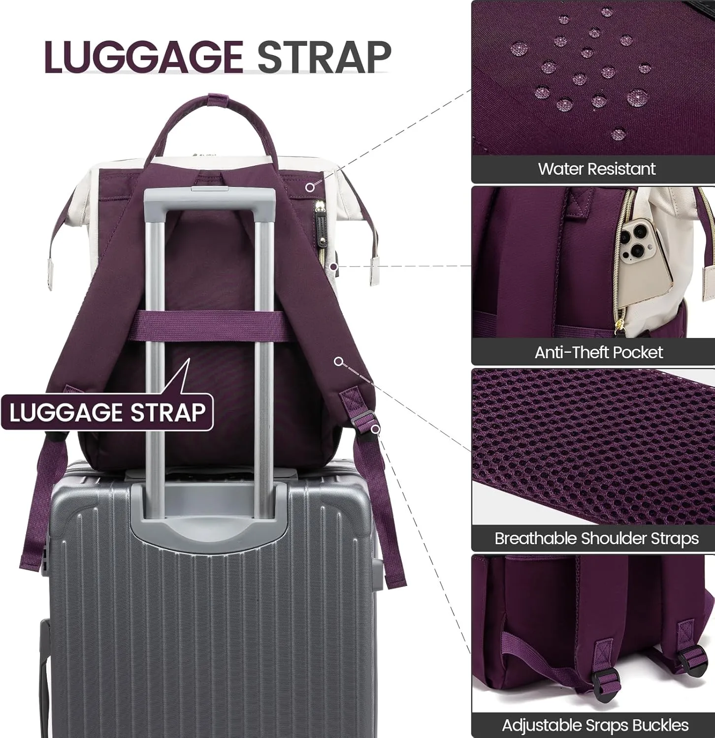 LOVEVOOK Laptop Backpack Purse for Women Men, Nurse Work Business Travel Backpack Bag, Wide Open Backpack, Lightweight Water Resistent Daypack with USB Charging Port, 15.6 inch, Beige-Purple-Black