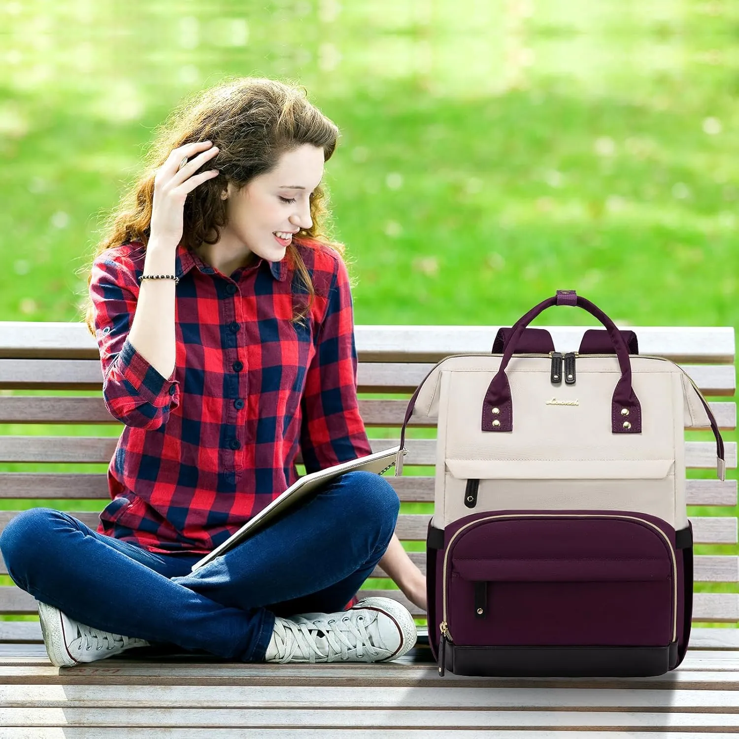 LOVEVOOK Laptop Backpack Purse for Women Men, Nurse Work Business Travel Backpack Bag, Wide Open Backpack, Lightweight Water Resistent Daypack with USB Charging Port, 15.6 inch, Beige-Purple-Black