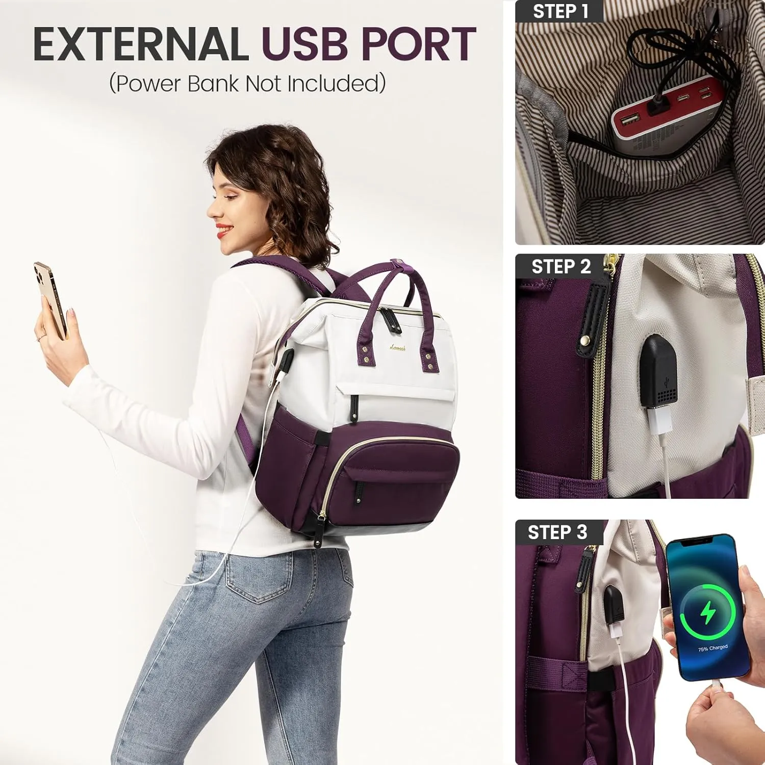 LOVEVOOK Laptop Backpack Purse for Women Men, Nurse Work Business Travel Backpack Bag, Wide Open Backpack, Lightweight Water Resistent Daypack with USB Charging Port, 15.6 inch, Beige-Purple-Black