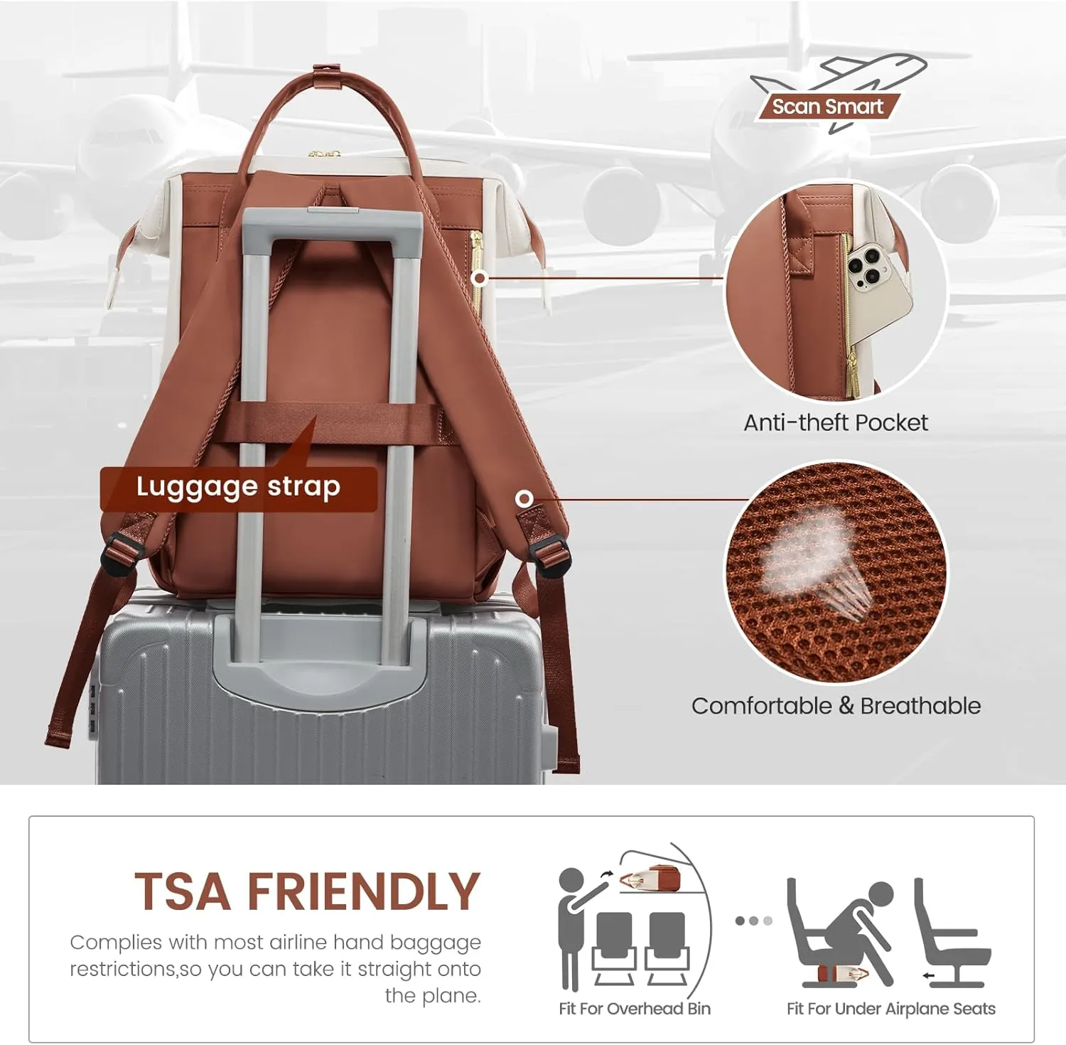 LOVEVOOK Leather Backpack for Women,17 inch Leather Laptop Backpack Women,Professional Work Backpack Nurse College Teacher Bag,Womens Laptop Tote Bag Computer Travel Backpack Purse,Beige White-Brown