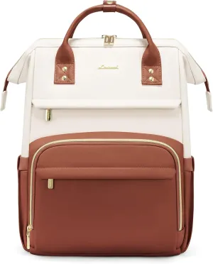 LOVEVOOK Leather Backpack for Women,17 inch Leather Laptop Backpack Women,Professional Work Backpack Nurse College Teacher Bag,Womens Laptop Tote Bag Computer Travel Backpack Purse,Beige White-Brown