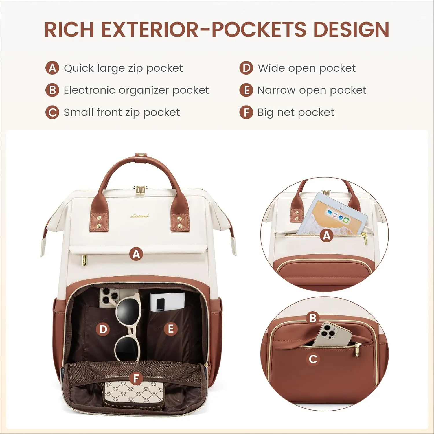 LOVEVOOK Leather Backpack for Women,17 inch Leather Laptop Backpack Women,Professional Work Backpack Nurse College Teacher Bag,Womens Laptop Tote Bag Computer Travel Backpack Purse,Beige White-Brown