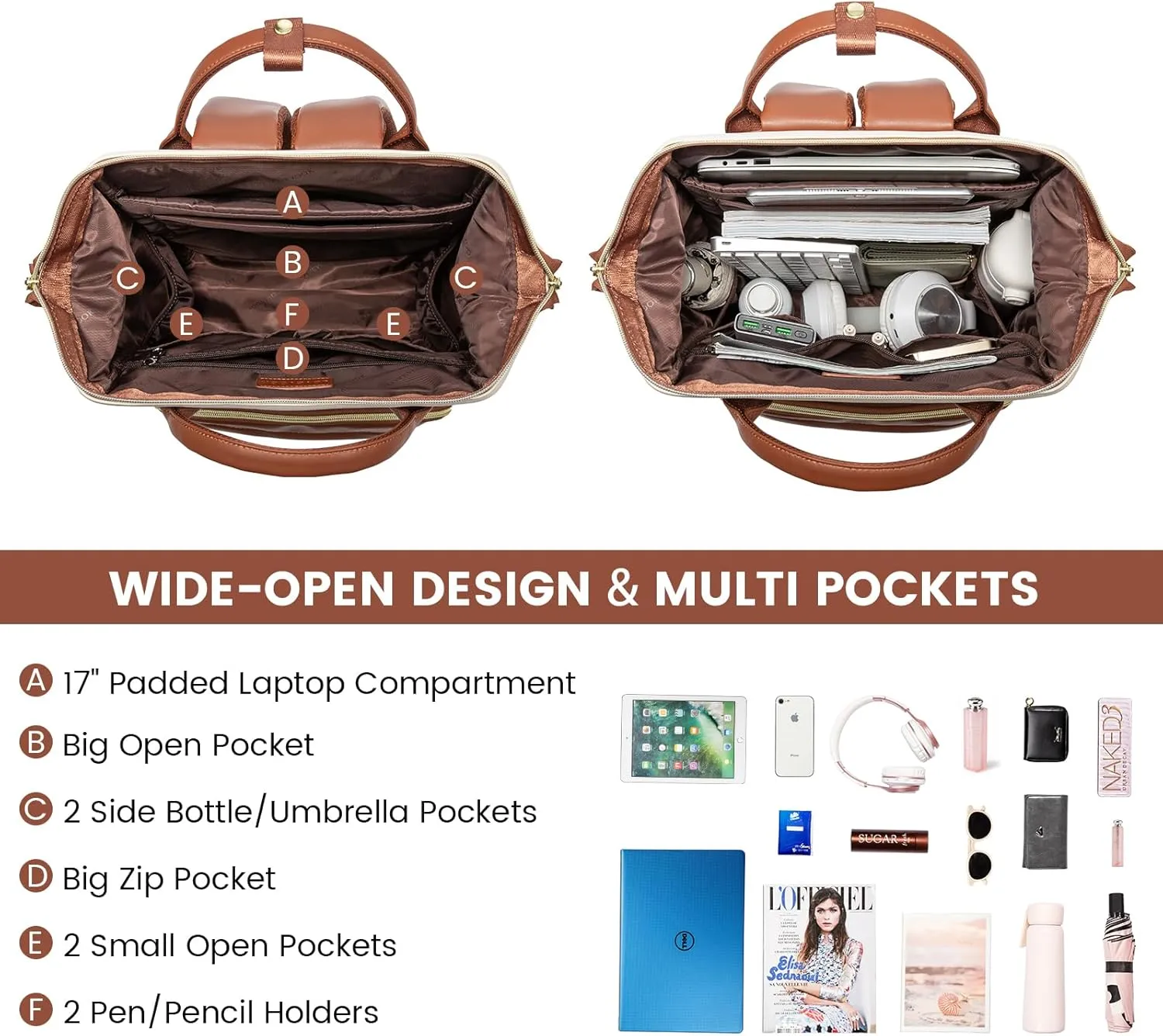 LOVEVOOK Leather Backpack for Women,17 inch Leather Laptop Backpack Women,Professional Work Backpack Nurse College Teacher Bag,Womens Laptop Tote Bag Computer Travel Backpack Purse,Beige White-Brown