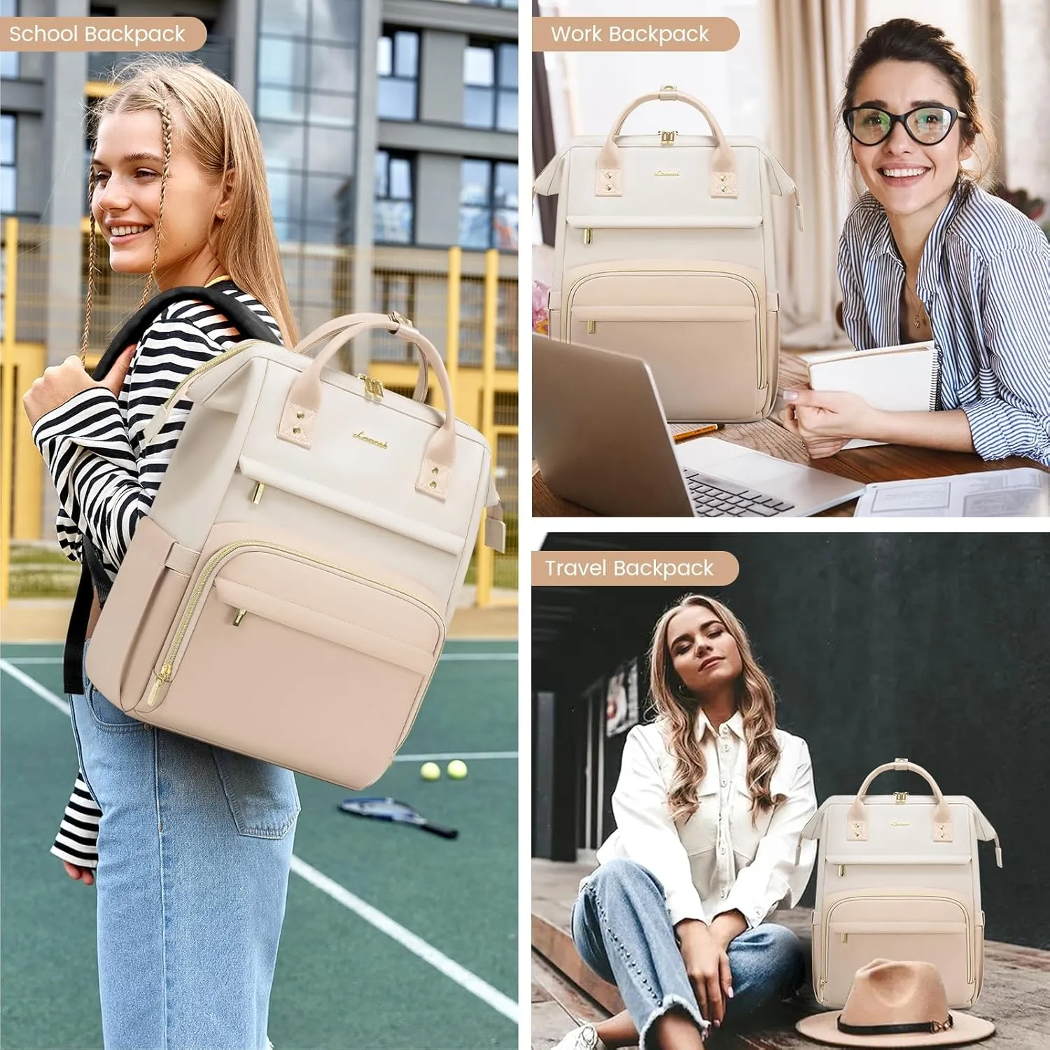LOVEVOOK Leather Backpack for Women,18 inch Leather Laptop Backpack Women,Professional Work Backpack Nurse College Teacher Bag,Womens Laptop Tote Bag Computer Travel Backpack Purse,Beige-Flesh Beige