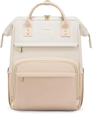 LOVEVOOK Leather Backpack for Women,18 inch Leather Laptop Backpack Women,Professional Work Backpack Nurse College Teacher Bag,Womens Laptop Tote Bag Computer Travel Backpack Purse,Beige-Flesh Beige