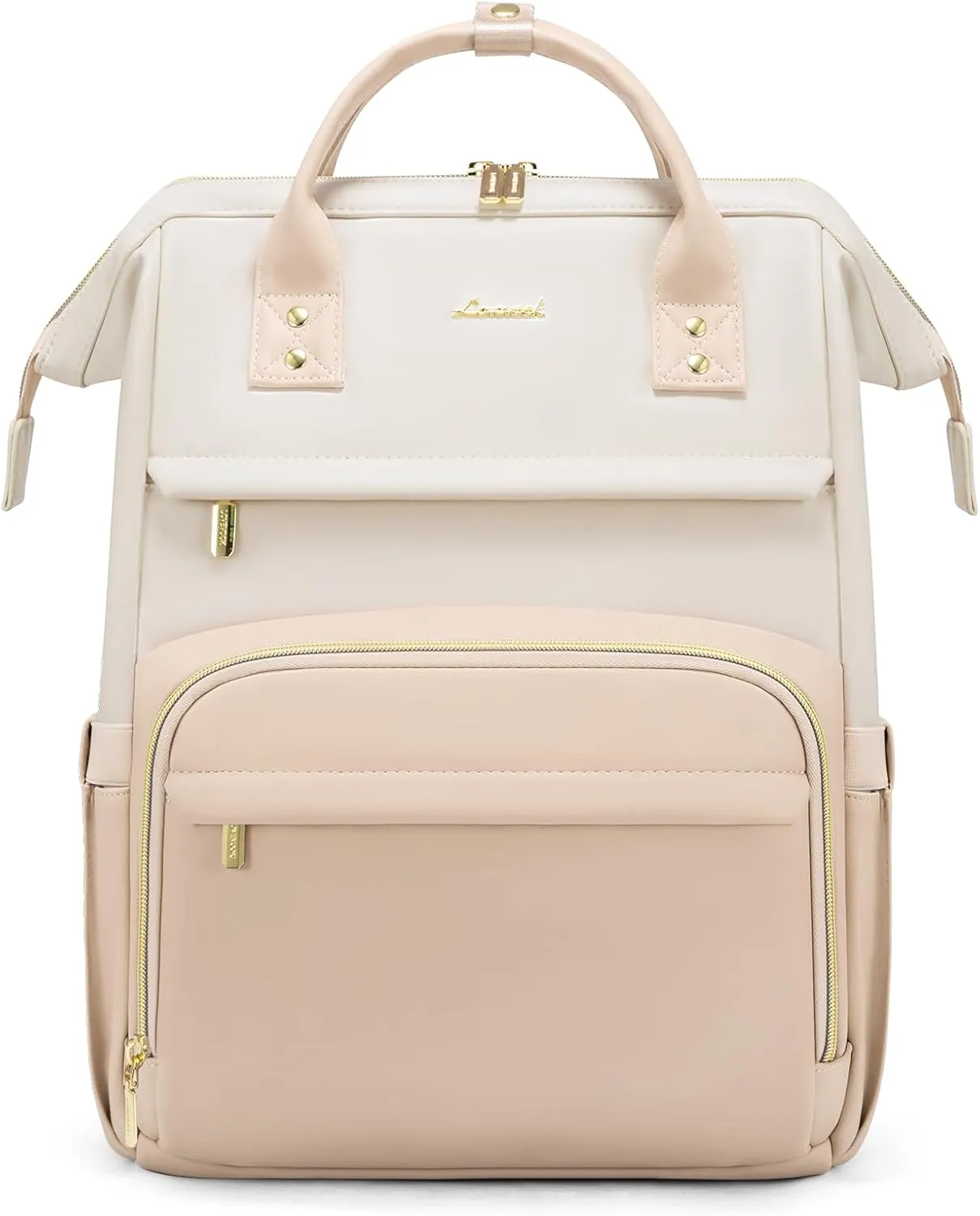 LOVEVOOK Leather Backpack for Women,18 inch Leather Laptop Backpack Women,Professional Work Backpack Nurse College Teacher Bag,Womens Laptop Tote Bag Computer Travel Backpack Purse,Beige-Flesh Beige