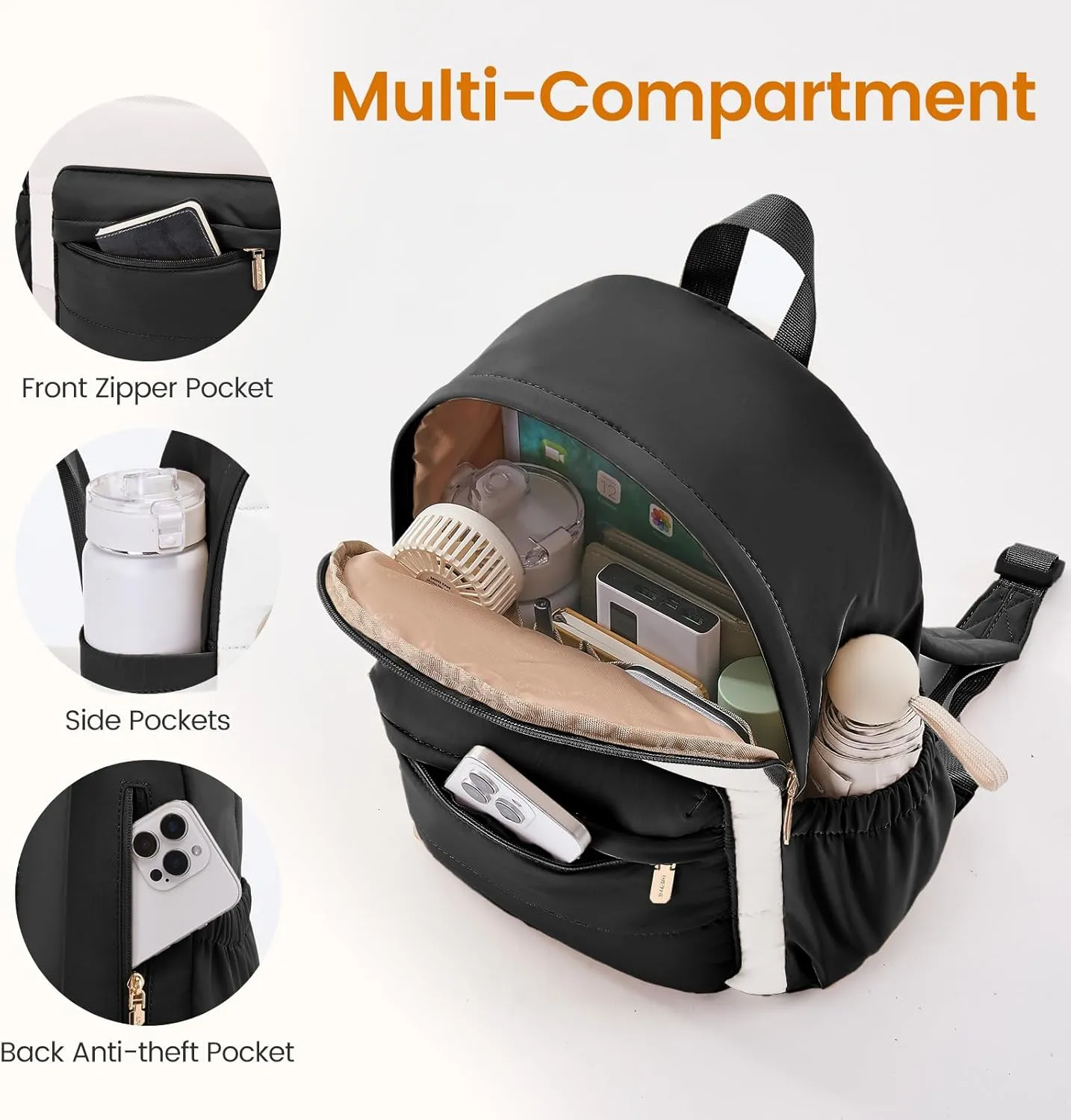 LOVEVOOK Mini Backpack Purse for Women, Small Puffer Lightweight Backpack, Casual Daily Daypack Purse for Women, Cute bag with Anti-theft Pocket for Travel-Black and Beige