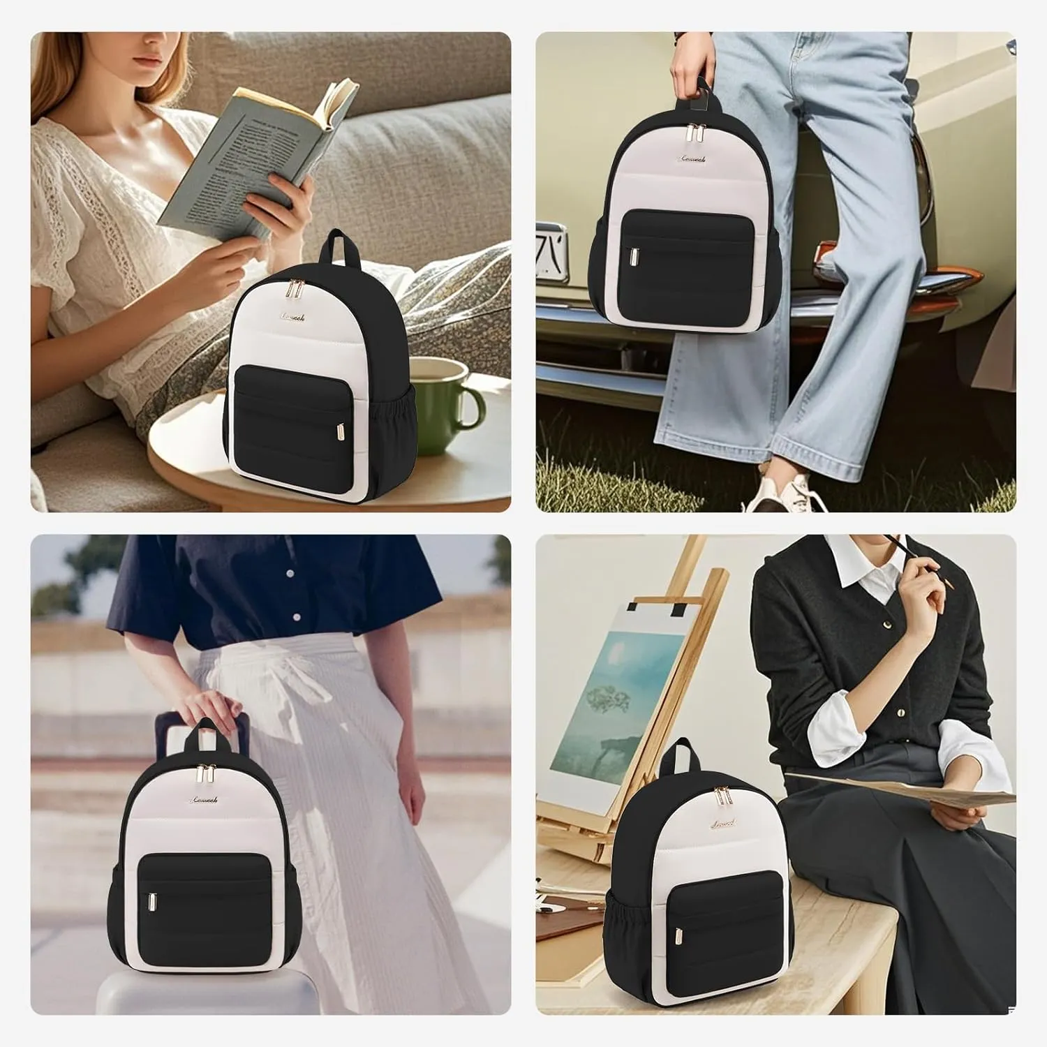 LOVEVOOK Mini Backpack Purse for Women, Small Puffer Lightweight Backpack, Casual Daily Daypack Purse for Women, Cute bag with Anti-theft Pocket for Travel-Black and Beige