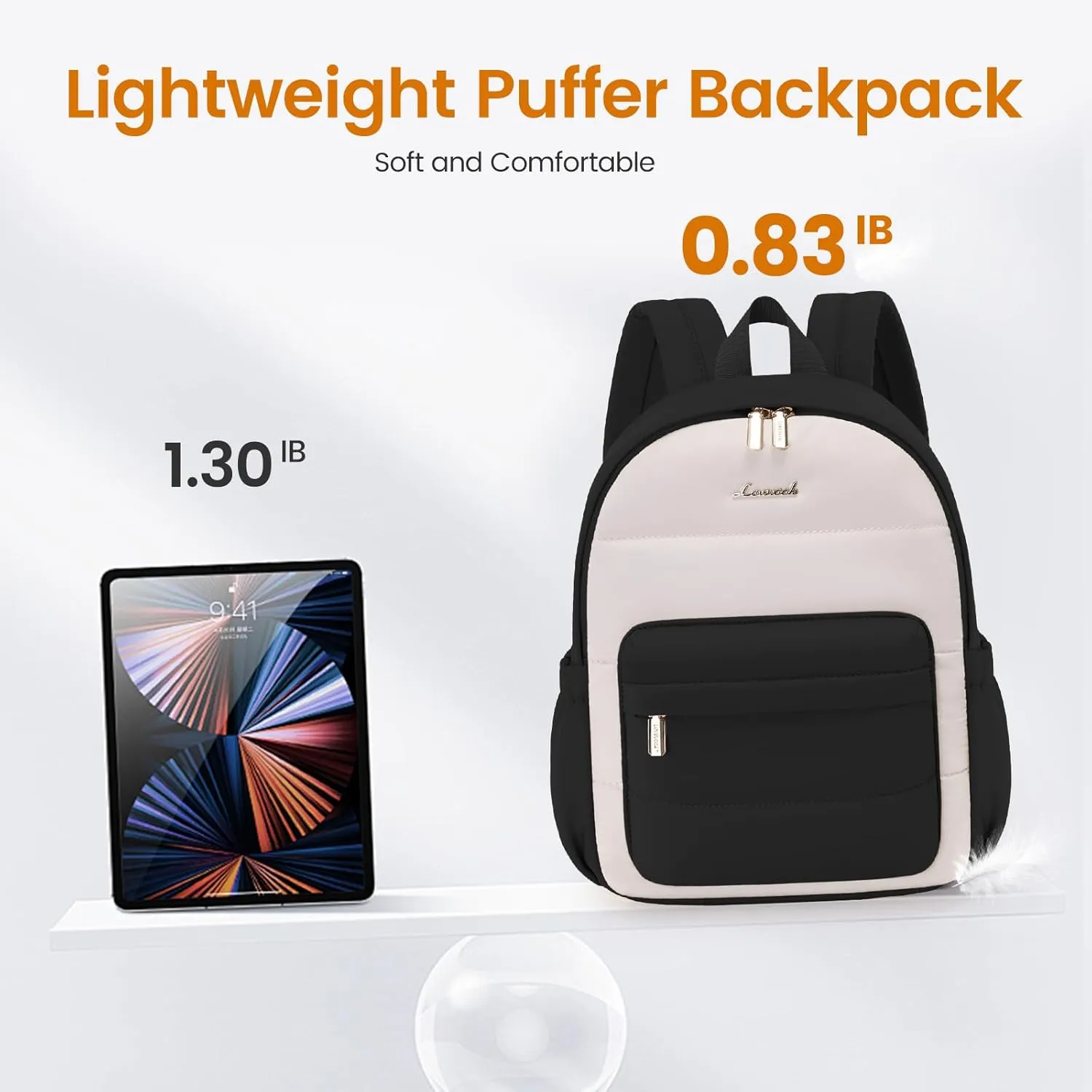 LOVEVOOK Mini Backpack Purse for Women, Small Puffer Lightweight Backpack, Casual Daily Daypack Purse for Women, Cute bag with Anti-theft Pocket for Travel-Black and Beige