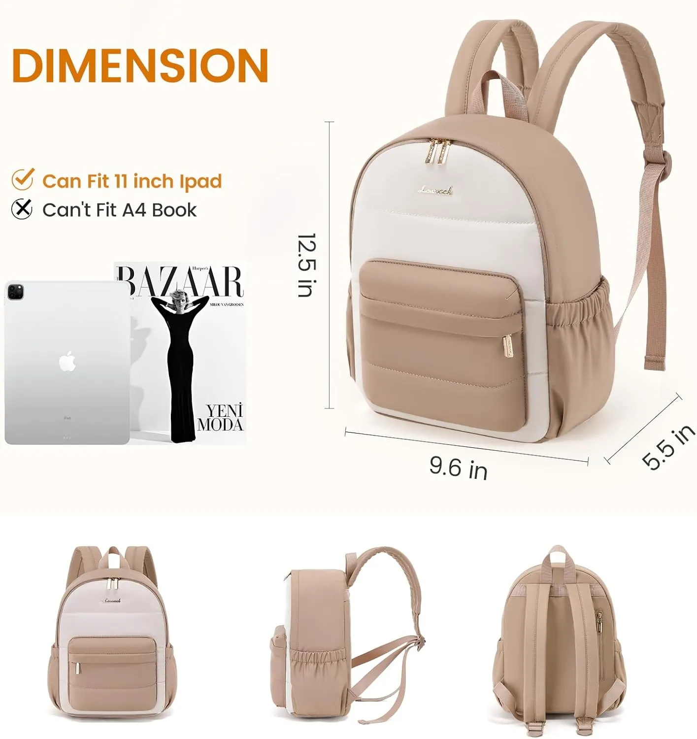 LOVEVOOK Mini Backpack Purse for Women, Small Puffer Lightweight Backpack, Casual Daily Daypack Purse for Women, Cute bag with Anti-theft Pocket for Travel-Khaki and Beige
