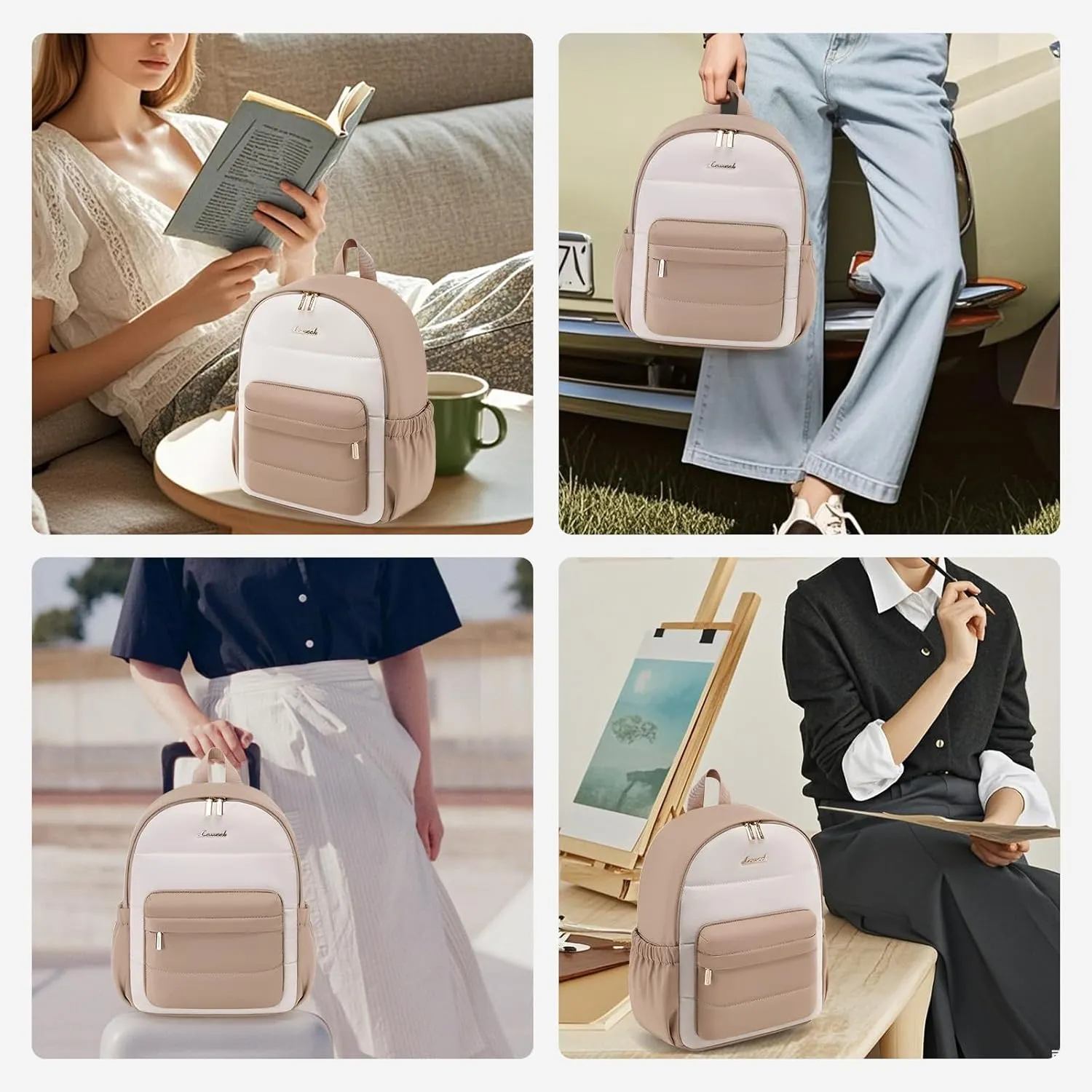 LOVEVOOK Mini Backpack Purse for Women, Small Puffer Lightweight Backpack, Casual Daily Daypack Purse for Women, Cute bag with Anti-theft Pocket for Travel-Khaki and Beige