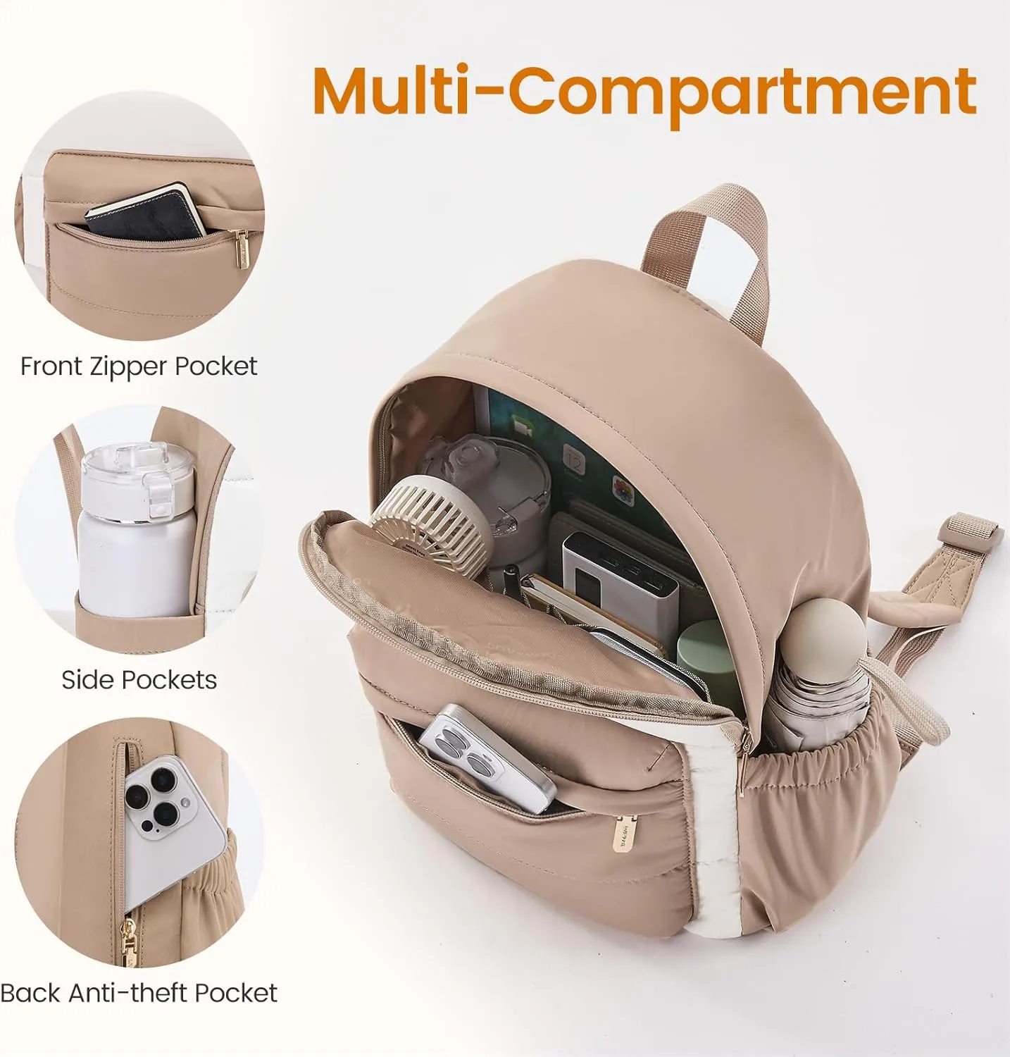 LOVEVOOK Mini Backpack Purse for Women, Small Puffer Lightweight Backpack, Casual Daily Daypack Purse for Women, Cute bag with Anti-theft Pocket for Travel-Khaki and Beige