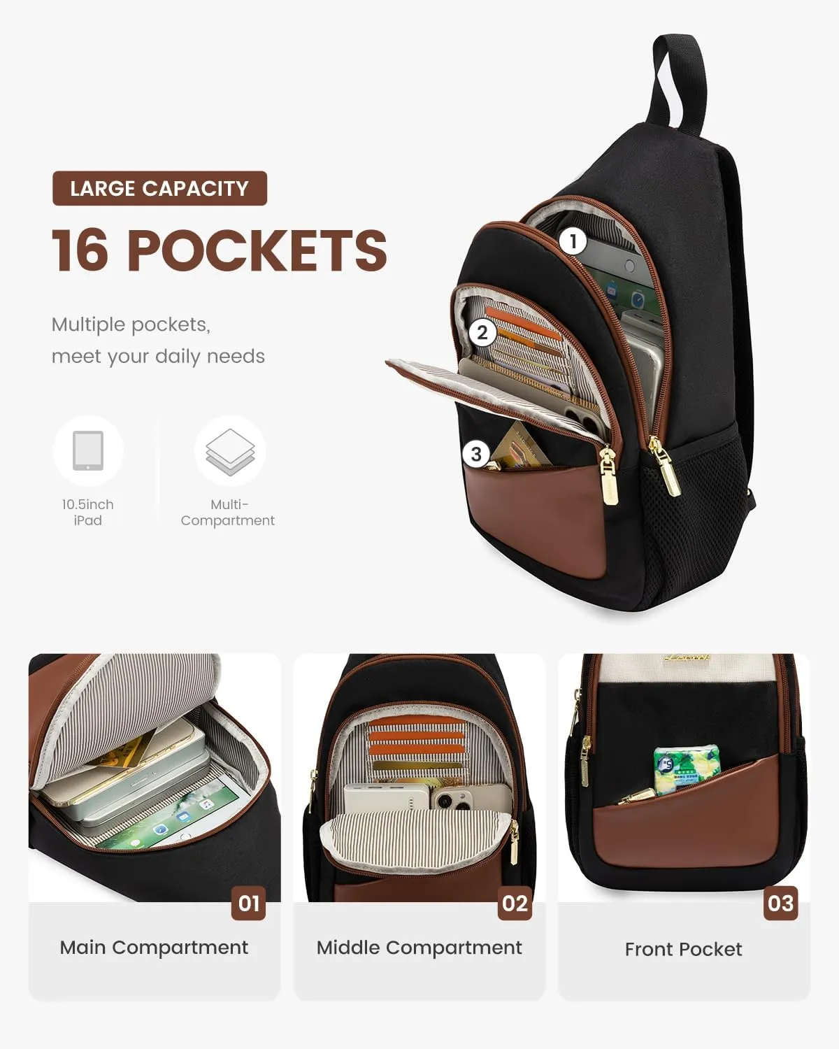 LOVEVOOK Sling Bag for Women, Sling Backpack Crossbody Bag Convertible, Small Diaper Bag Hiking Daypacks Water-resistant, Travel Shoulder Bag Chest Bag, Black Brown Beige