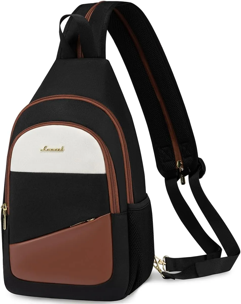 LOVEVOOK Sling Bag for Women, Sling Backpack Crossbody Bag Convertible, Small Diaper Bag Hiking Daypacks Water-resistant, Travel Shoulder Bag Chest Bag, Black Brown Beige