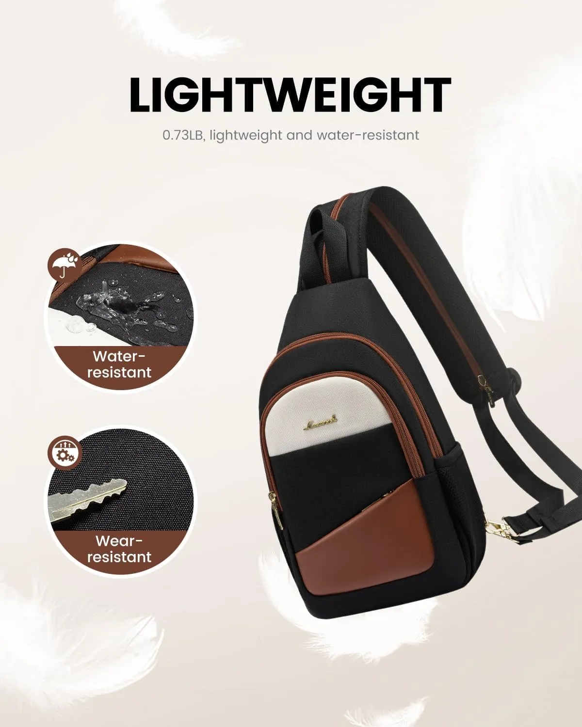 LOVEVOOK Sling Bag for Women, Sling Backpack Crossbody Bag Convertible, Small Diaper Bag Hiking Daypacks Water-resistant, Travel Shoulder Bag Chest Bag, Black Brown Beige