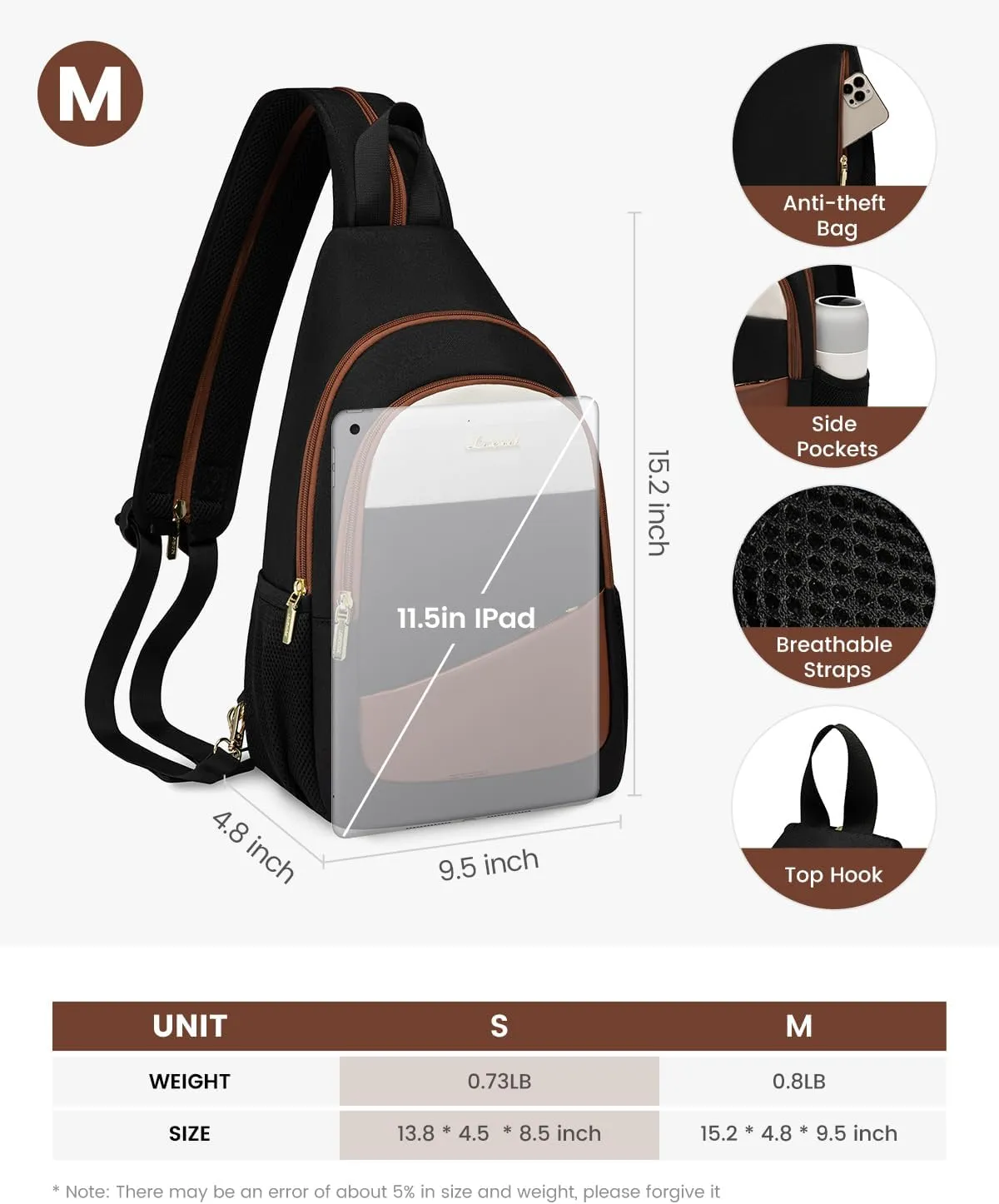 LOVEVOOK Sling Bag for Women, Sling Backpack Crossbody Bag Convertible, Small Diaper Bag Hiking Daypacks Water-resistant, Travel Shoulder Bag Chest Bag, Black Brown Beige