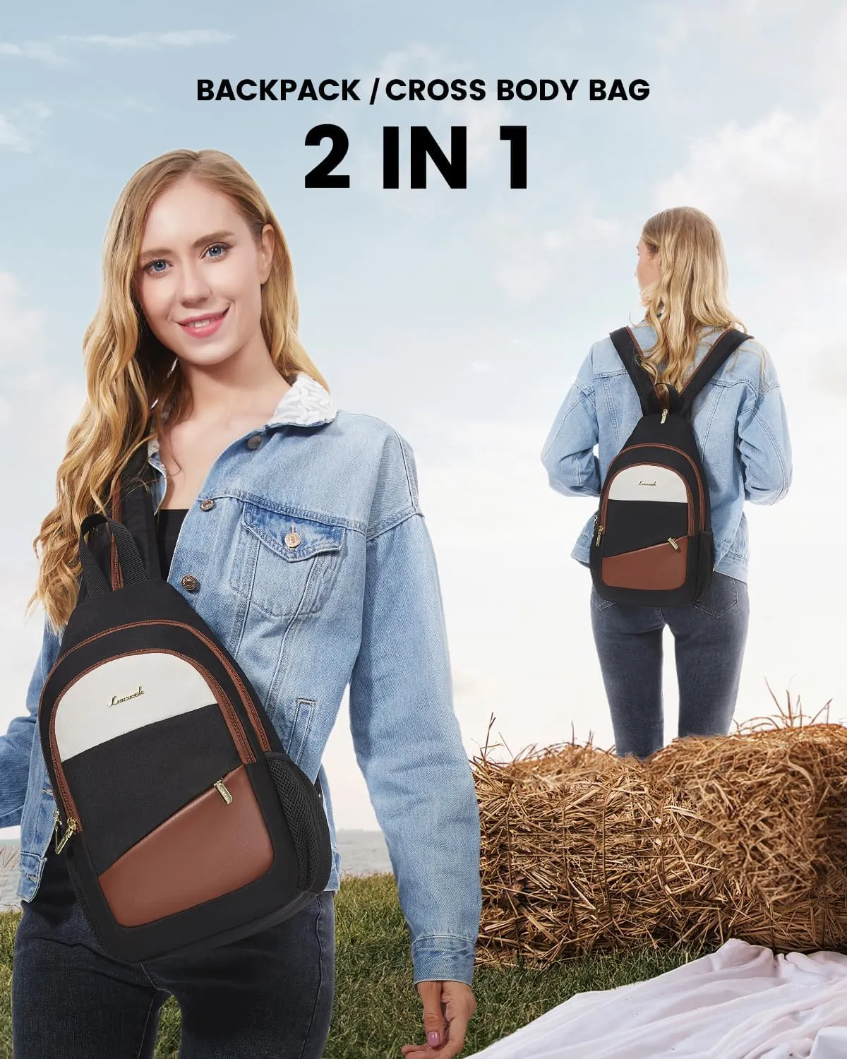 LOVEVOOK Sling Bag for Women, Sling Backpack Crossbody Bag Convertible, Small Diaper Bag Hiking Daypacks Water-resistant, Travel Shoulder Bag Chest Bag, Black Brown Beige