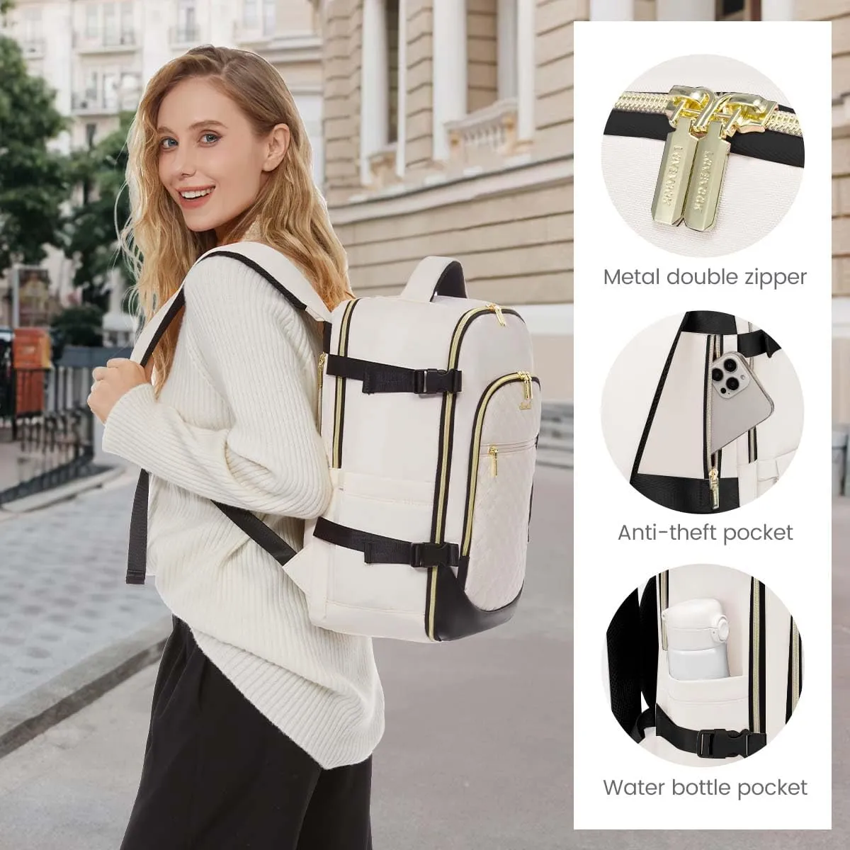 LOVEVOOK Travel Backpack for Women, 15.6in Laptop Backpack TSA Approved Carry on Luggage Personal Item Travel Bag for Business Weekender Hiking, Beige-Black