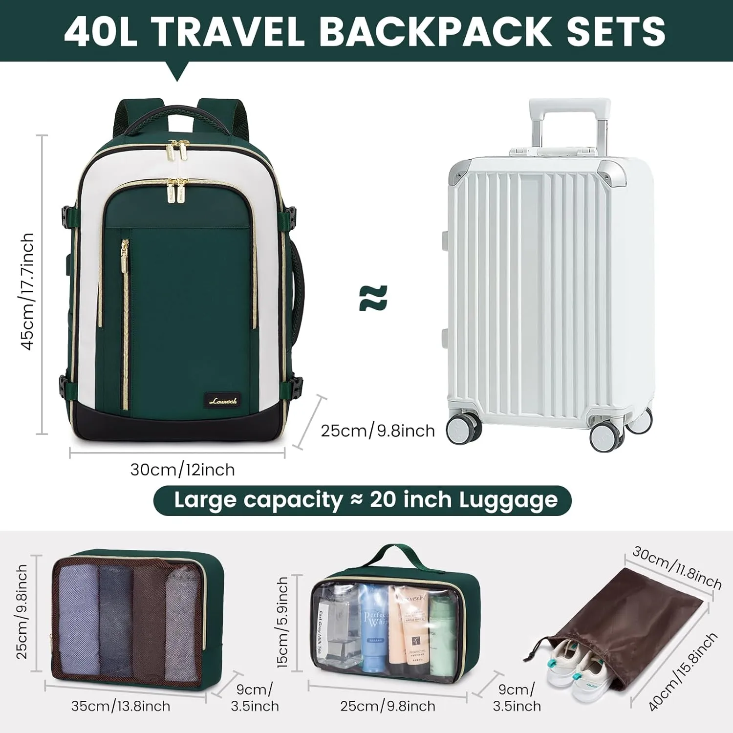 LOVEVOOK Travel Backpack for Women & Men, 40L Carry On Backpack, Personal Item Bag with 3 Packing Cubes, Business Weekender Overnight Luggage Daypack, Fits 17 Inch Laptop, Green Beige