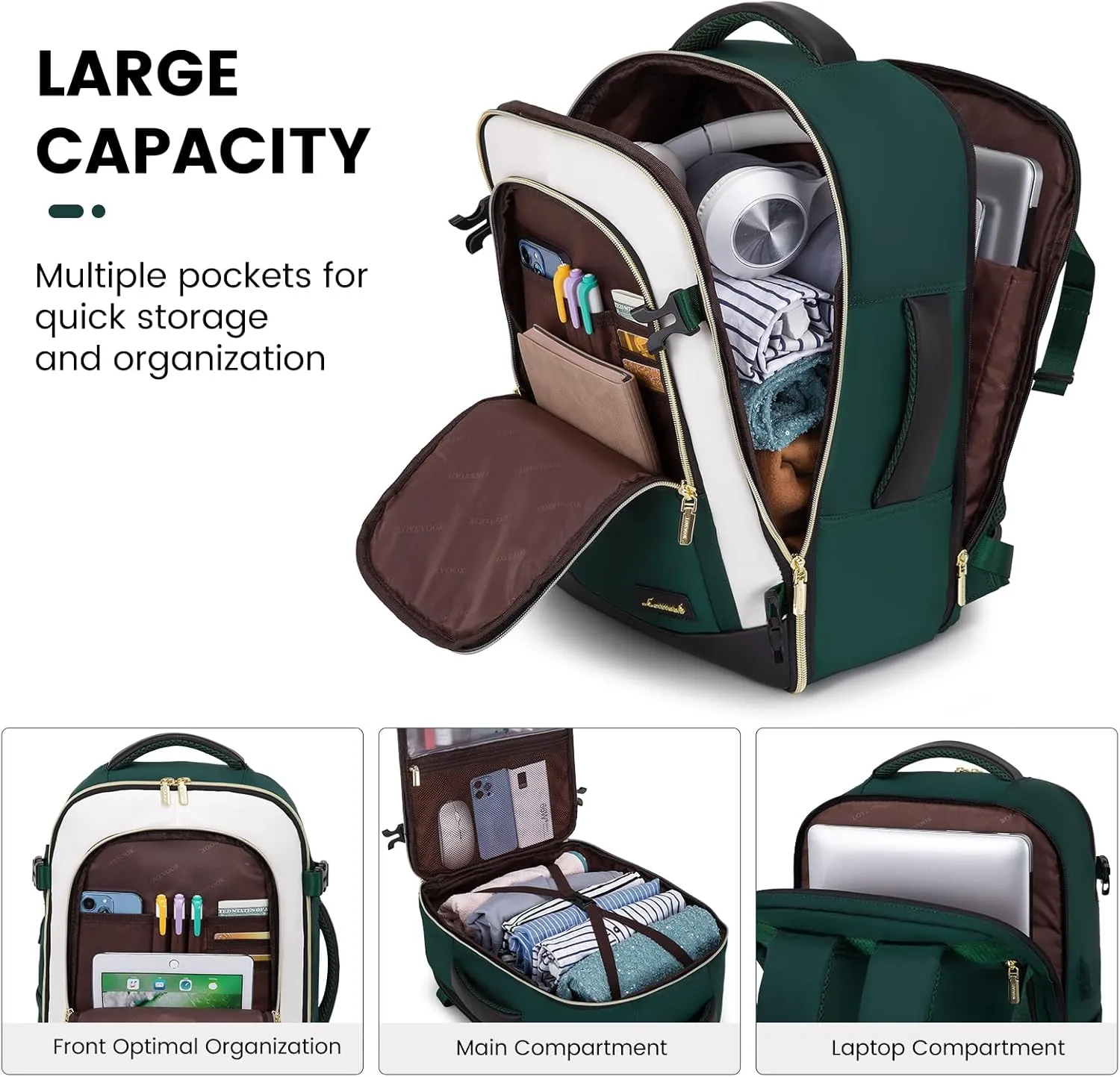 LOVEVOOK Travel Backpack for Women & Men, 40L Carry On Backpack, Personal Item Bag with 3 Packing Cubes, Business Weekender Overnight Luggage Daypack, Fits 17 Inch Laptop, Green Beige