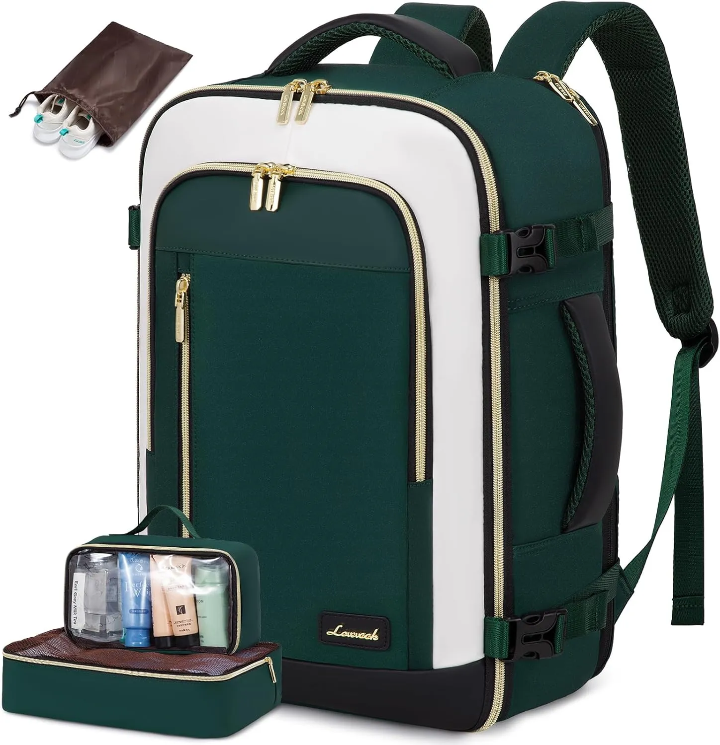 LOVEVOOK Travel Backpack for Women & Men, 40L Carry On Backpack, Personal Item Bag with 3 Packing Cubes, Business Weekender Overnight Luggage Daypack, Fits 17 Inch Laptop, Green Beige