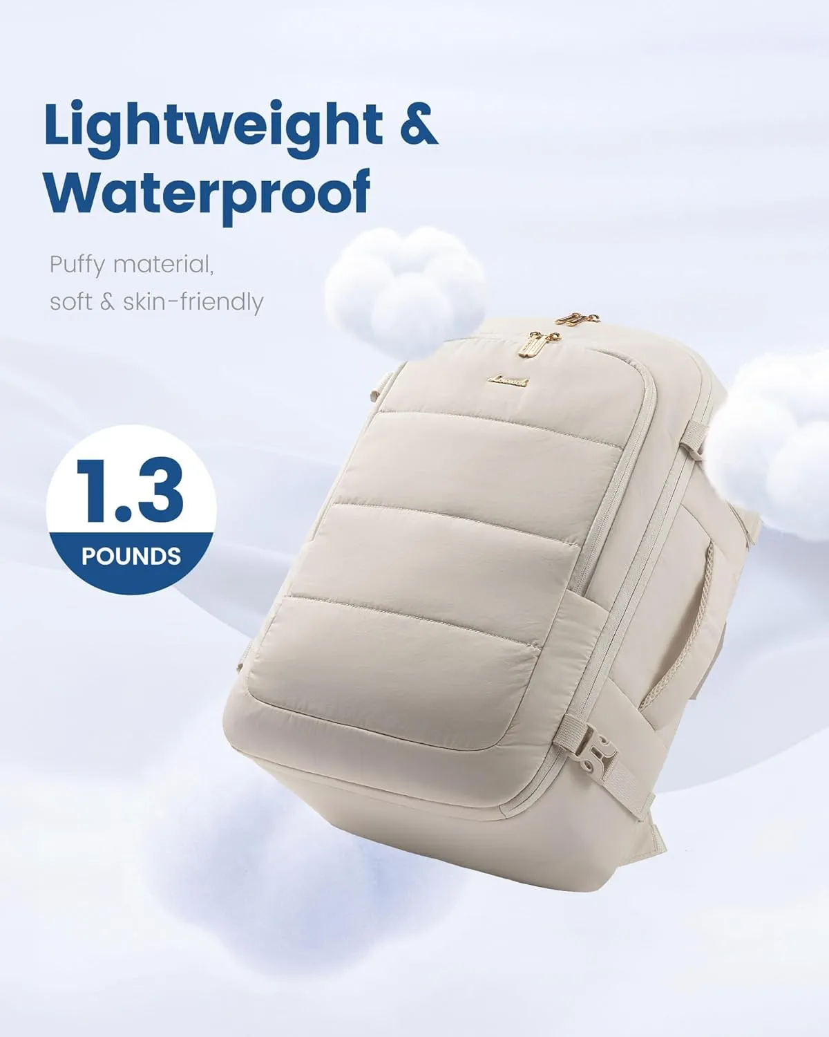 LOVEVOOK Travel Backpack for Women Men, 40L Lightweight Puffy Flight Approved Carry On Backpack Fits 17'' Laptop, TSA Personal Item Travel Bag, Waterproof Weekender Trip Work Luggage Daypack, Beige