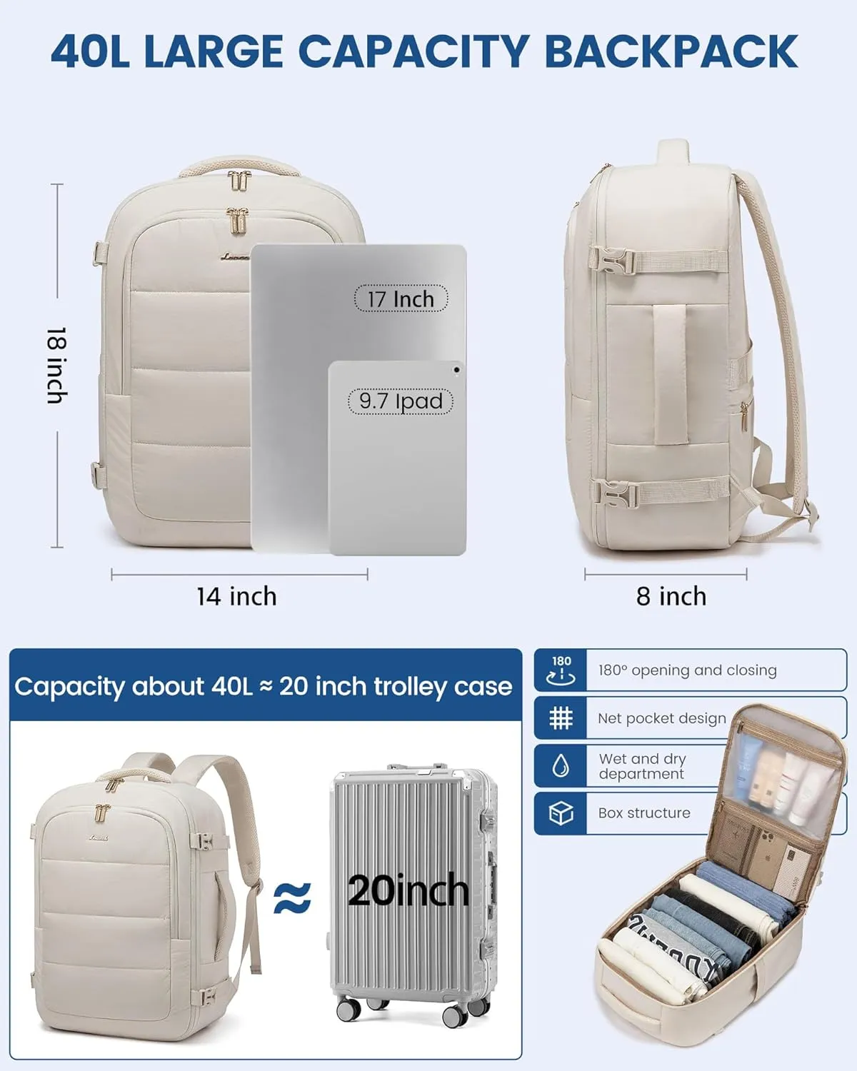 LOVEVOOK Travel Backpack for Women Men, 40L Lightweight Puffy Flight Approved Carry On Backpack Fits 17'' Laptop, TSA Personal Item Travel Bag, Waterproof Weekender Trip Work Luggage Daypack, Beige