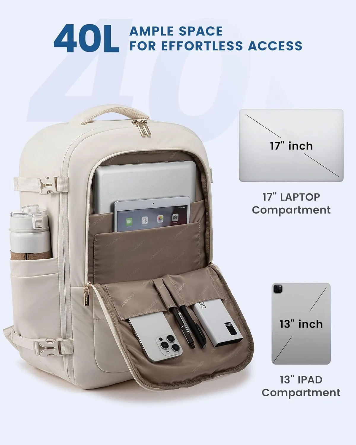 LOVEVOOK Travel Backpack for Women Men, 40L Lightweight Puffy Flight Approved Carry On Backpack Fits 17'' Laptop, TSA Personal Item Travel Bag, Waterproof Weekender Trip Work Luggage Daypack, Beige