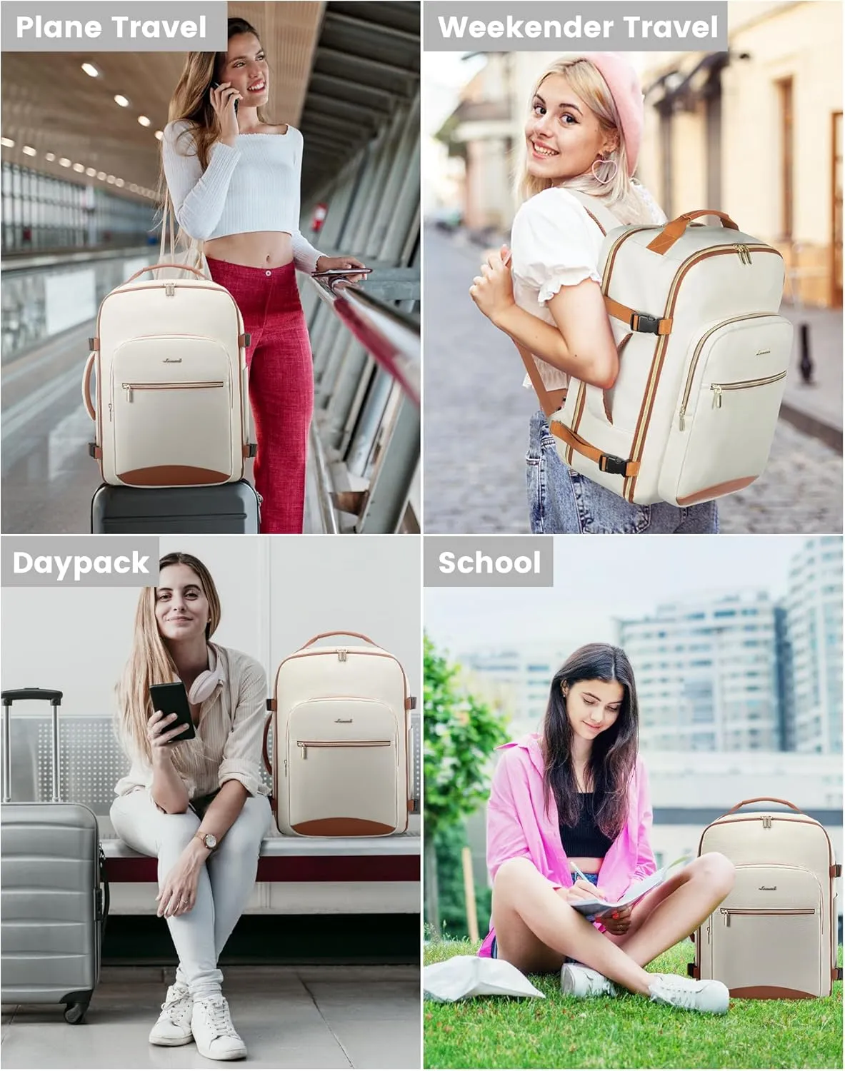 LOVEVOOK Travel Backpack for Women Men as Personal Item Flight Approved, 40L Luggage Carry On Backpack,17.3inch Large Daypack Laptop Backpack Waterproof Outdoor Sports with 3 Packing Cubes,Beige-Brown