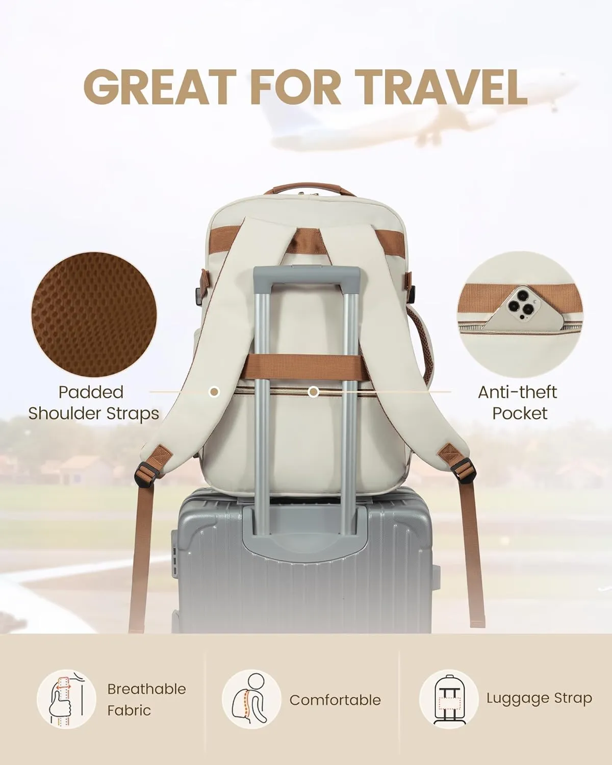 LOVEVOOK Travel Backpack for Women Men as Personal Item Flight Approved, 40L Luggage Carry On Backpack,17.3inch Large Daypack Laptop Backpack Waterproof Outdoor Sports with 3 Packing Cubes,Beige-Brown