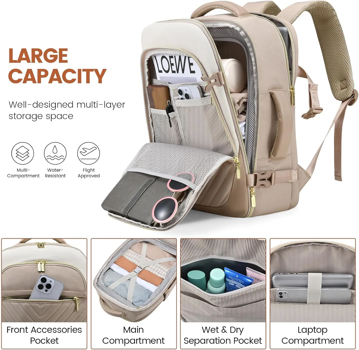 LOVEVOOK Travel Backpack for Women, TSA Approved Carry On Backpack with 2 Packing Cubes, Personal Item Backpack Fits 17 Inch Laptop, Weekender Water-resistant Daypack, Khaki-beige