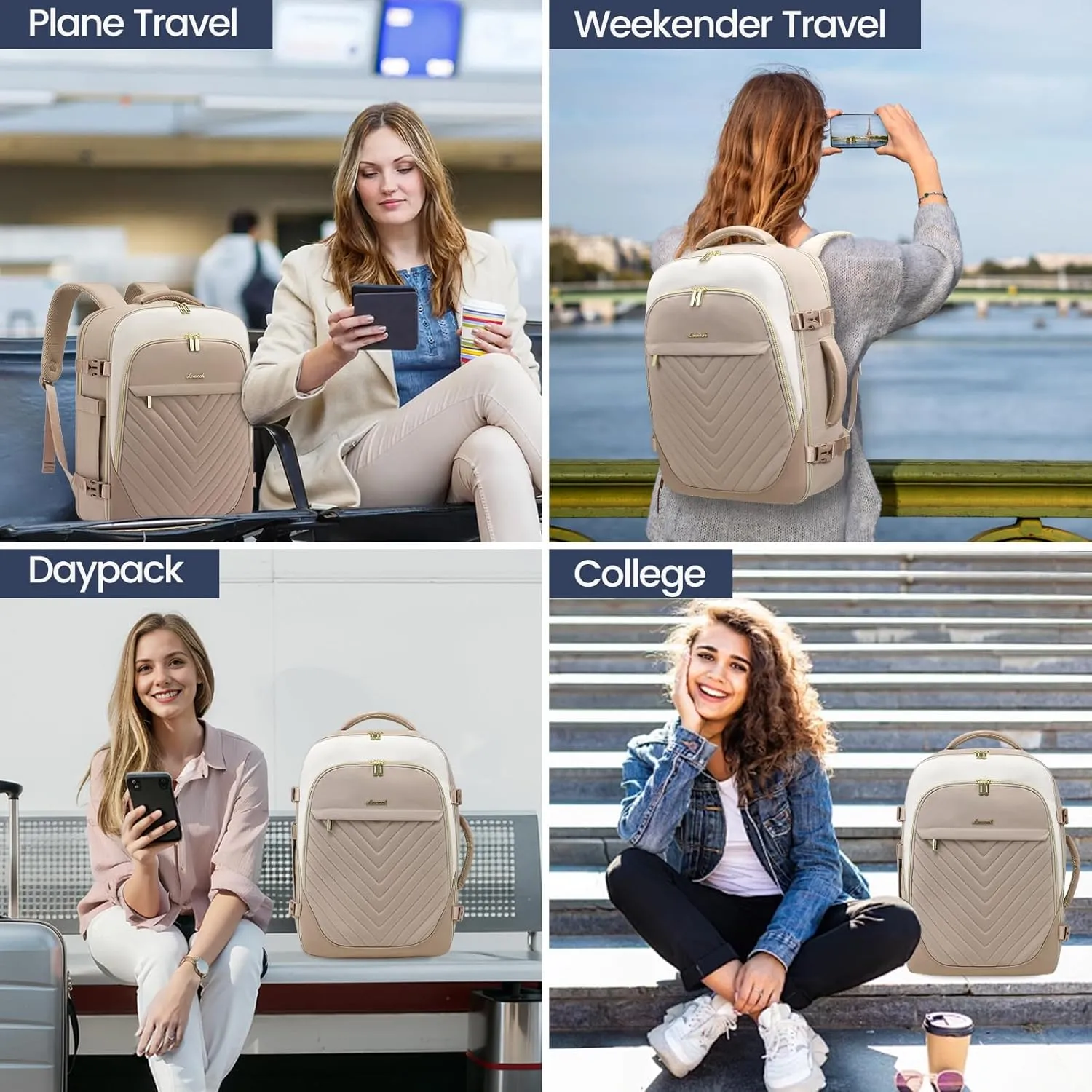 LOVEVOOK Travel Backpack for Women, TSA Approved Carry On Backpack with 2 Packing Cubes, Personal Item Backpack Fits 17 Inch Laptop, Weekender Water-resistant Daypack, Khaki-beige