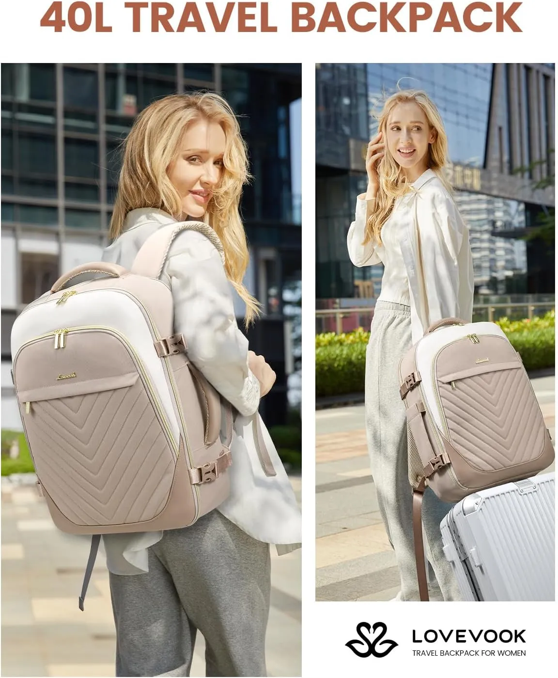 LOVEVOOK Travel Backpack for Women, TSA Approved Carry On Backpack with 2 Packing Cubes, Personal Item Backpack Fits 17 Inch Laptop, Weekender Water-resistant Daypack, Khaki-beige
