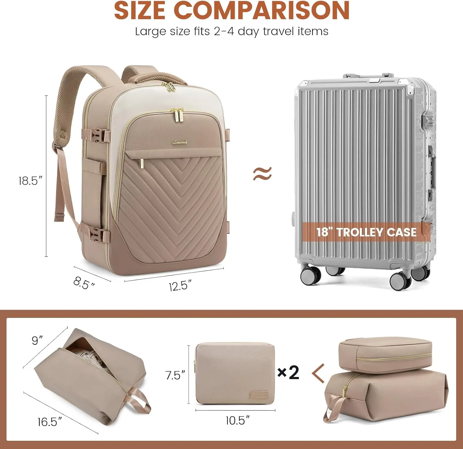 LOVEVOOK Travel Backpack for Women, TSA Approved Carry On Backpack with 2 Packing Cubes, Personal Item Backpack Fits 17 Inch Laptop, Weekender Water-resistant Daypack, Khaki-beige