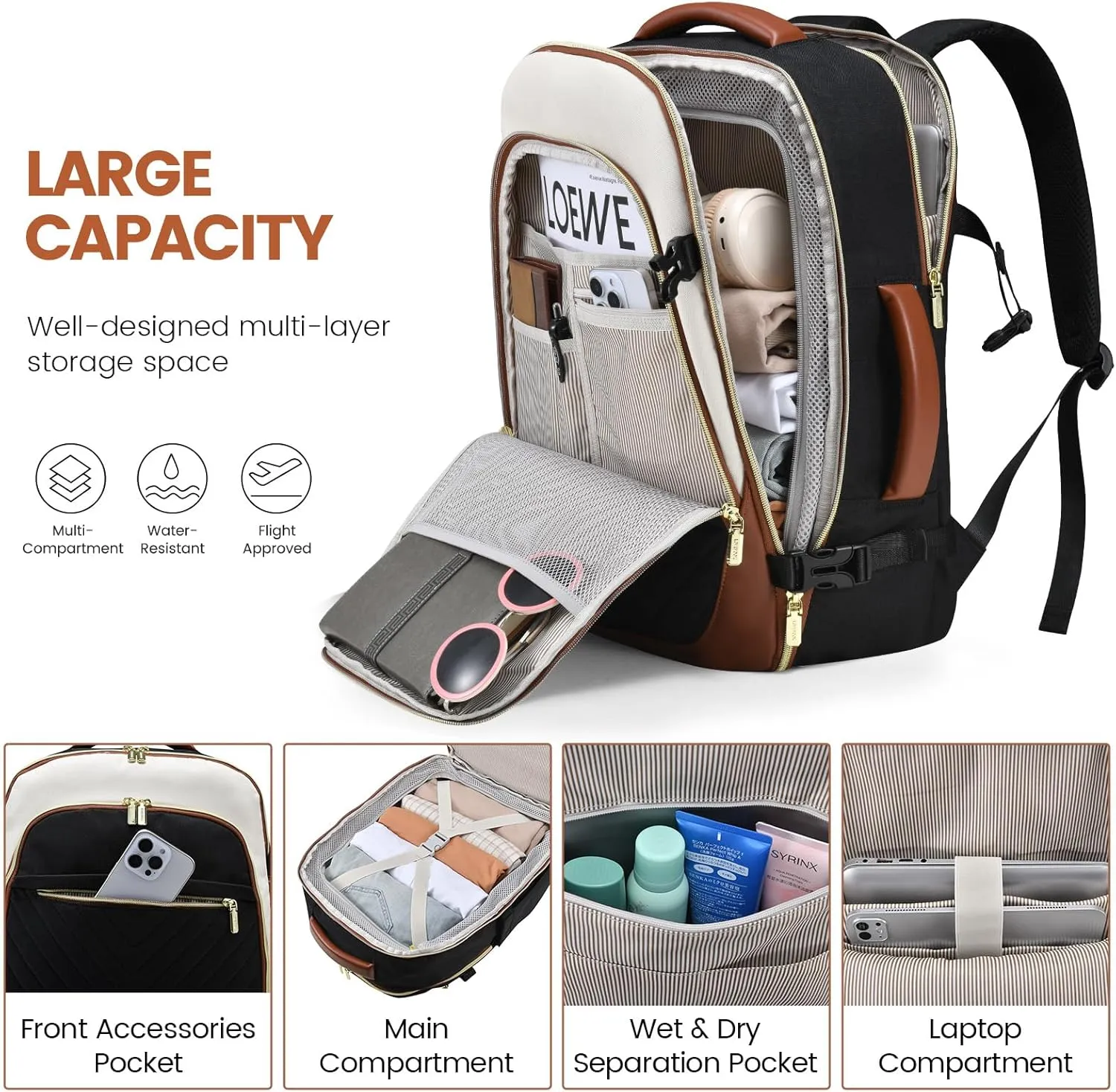 LOVEVOOK Travel Backpack for Women, TSA Approved Carry On Backpack with 3 Packing Cubes, Personal Item Backpack Fits 17 Inch Laptop, Weekender Water-resistant Daypack, Black-beige-brown