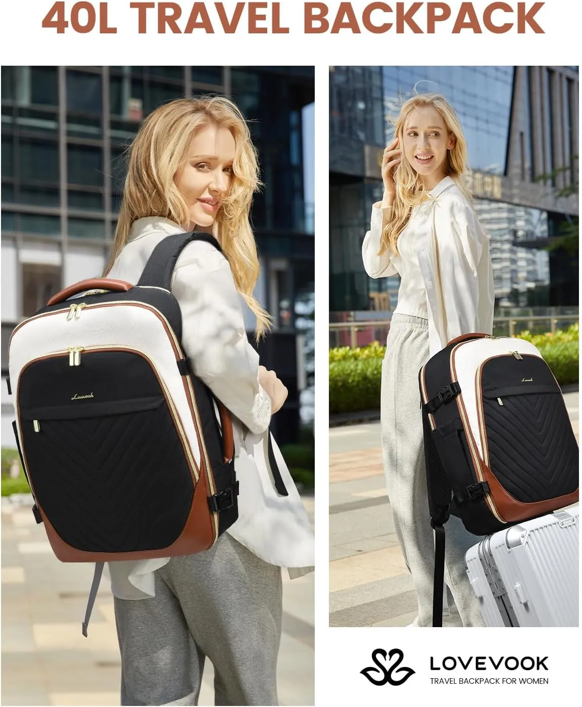 LOVEVOOK Travel Backpack for Women, TSA Approved Carry On Backpack with 3 Packing Cubes, Personal Item Backpack Fits 17 Inch Laptop, Weekender Water-resistant Daypack, Black-beige-brown