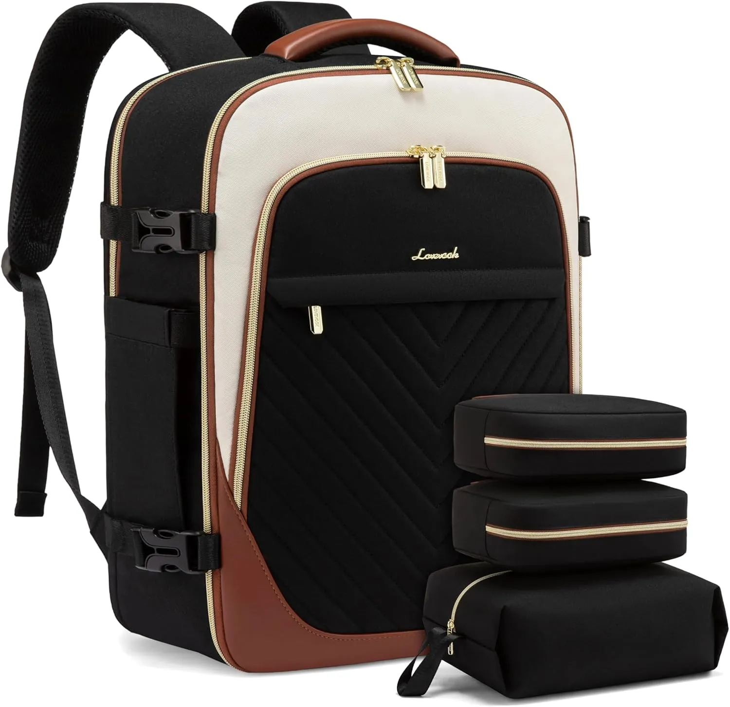 LOVEVOOK Travel Backpack for Women, TSA Approved Carry On Backpack with 3 Packing Cubes, Personal Item Backpack Fits 17 Inch Laptop, Weekender Water-resistant Daypack, Black-beige-brown